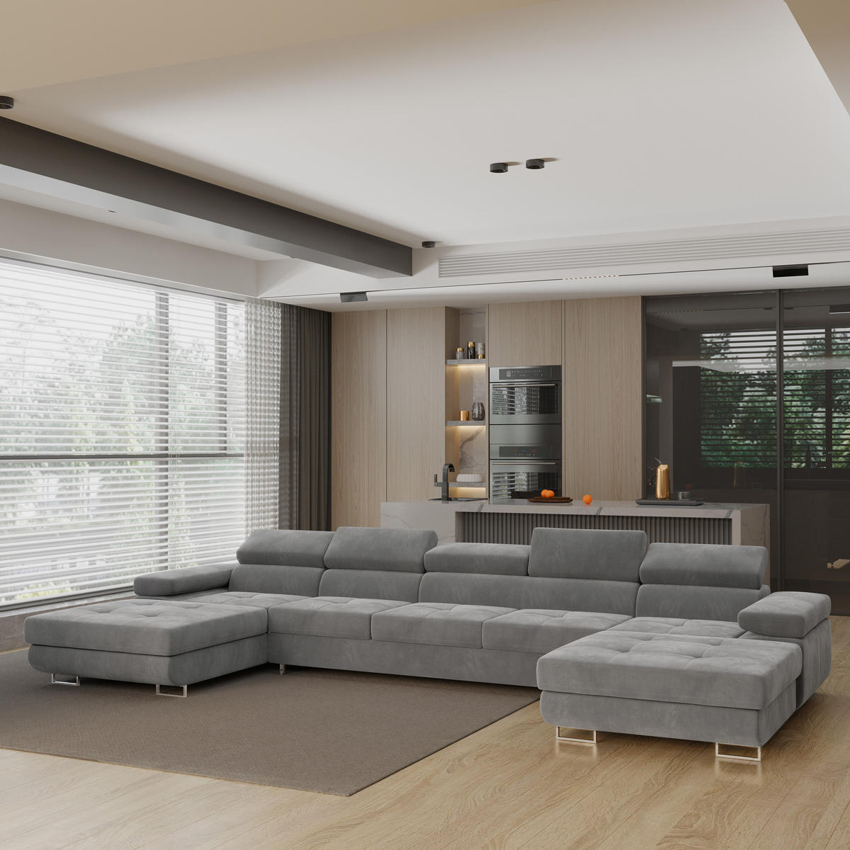 WOHNLANDSCHAFT OMBRA Grau Velours-Stoff mit Schlaffunktion - Grau, Holz (425/90/202cm) - MASSENO