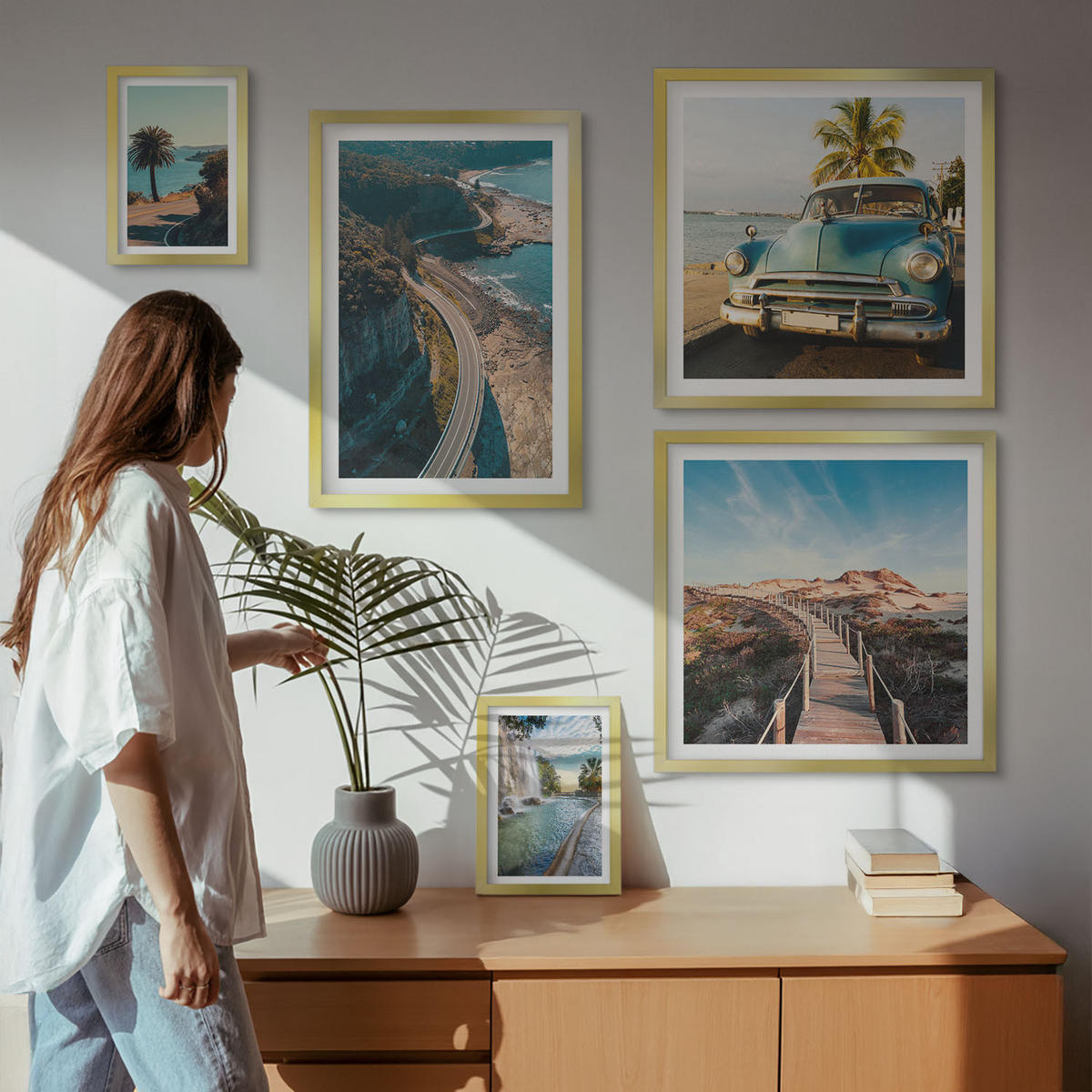 BILDER SET 5er Set - 50x50 cm & 20x30 cm & 40x60 cm Goldrahmen - Fuji-Torii-Bambuswald, Japan - Goldfarben, Kunststoff (40/60cm) - TULUP