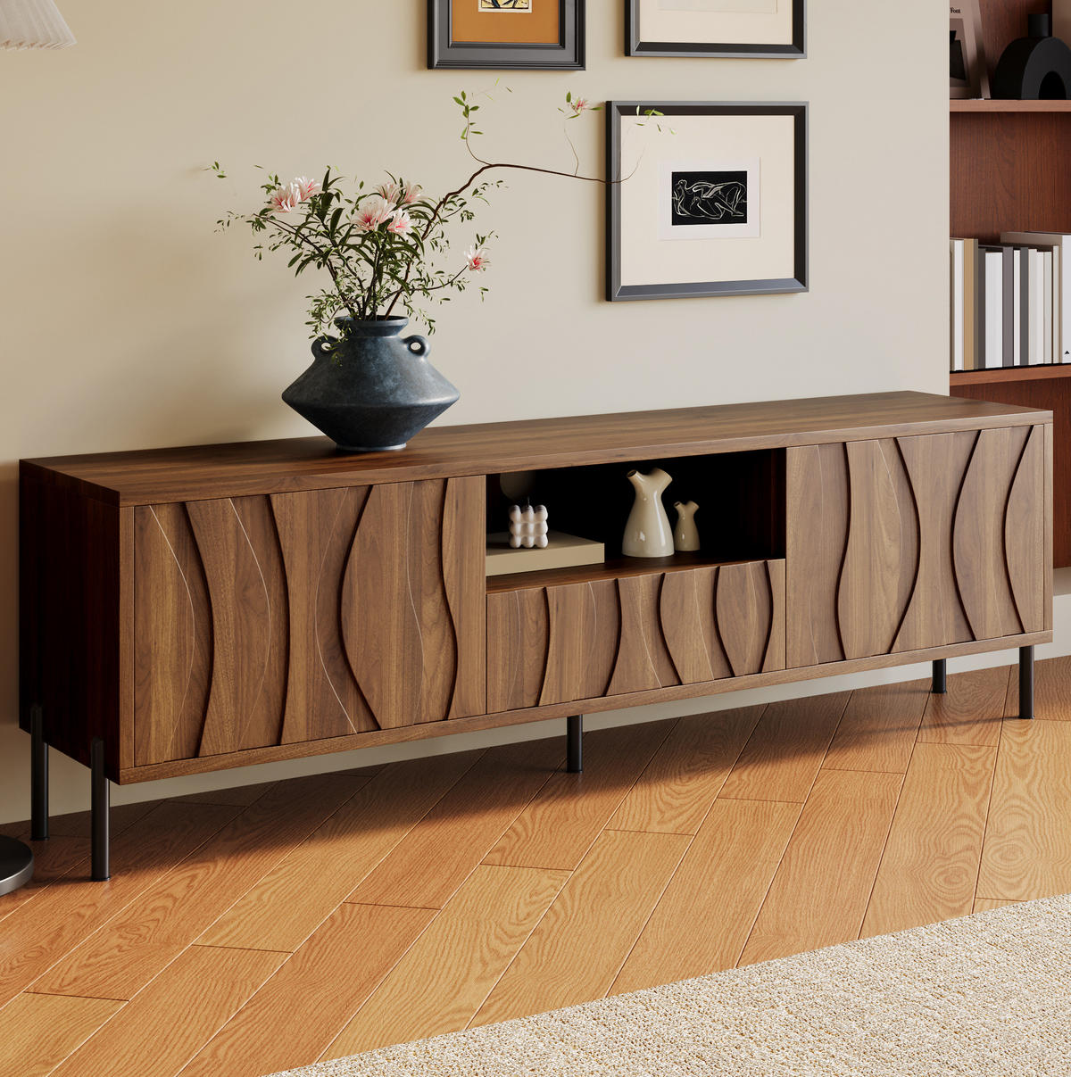 TV stolek 160/35/46 cm přírodní z MDF s vlnitými dvířky a úložným prostorem - přírodní, kompozitní dřevo (160/46/35cm) - OKWISH
