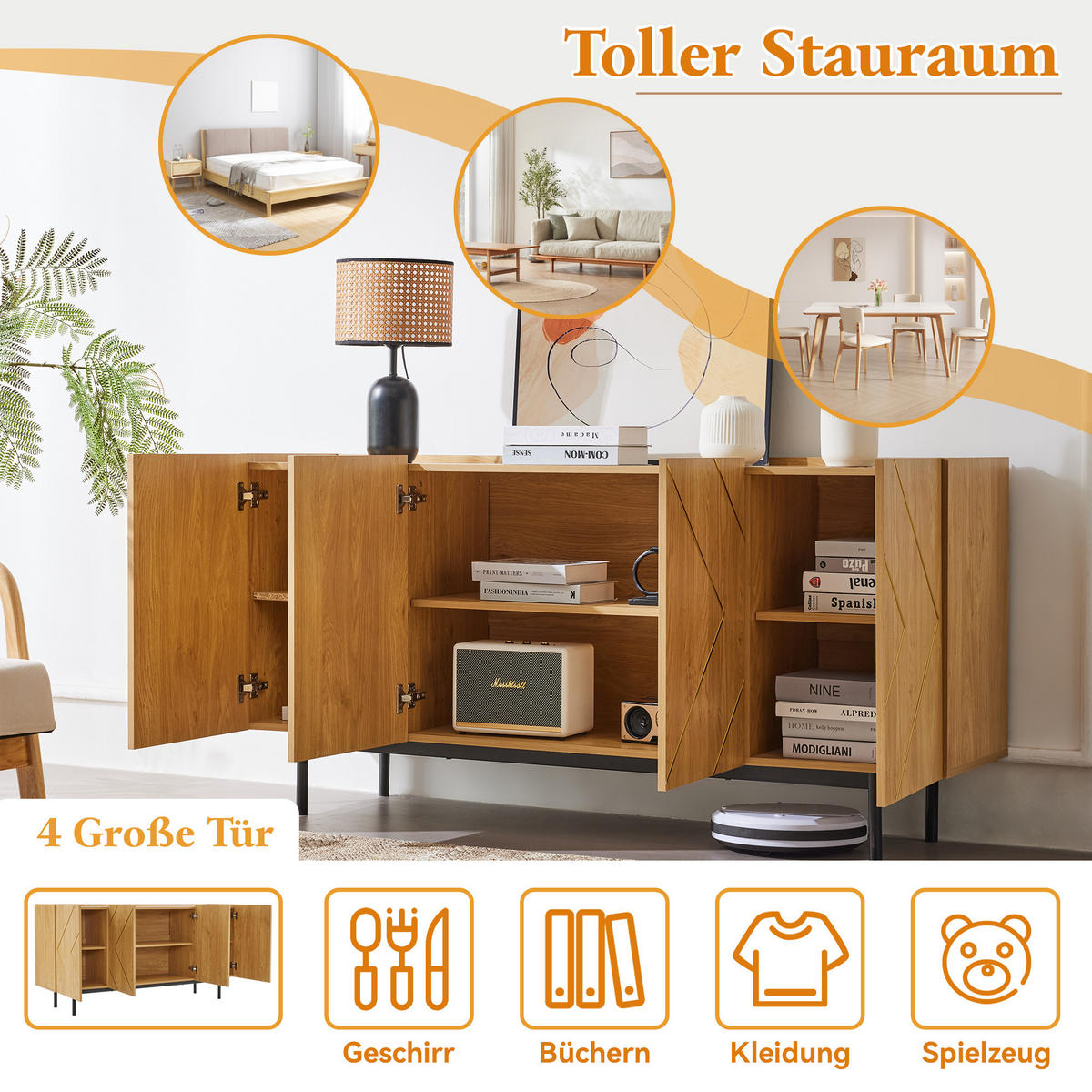 SIDEBOARD 4 Türen, Metall-Inlay, Griffloses Design, Naturholz Vielseitige Kommode & Beistellschrank - Sonoma Eiche, Holzwerkstoff (160/78/40cm) - Urban Meuble