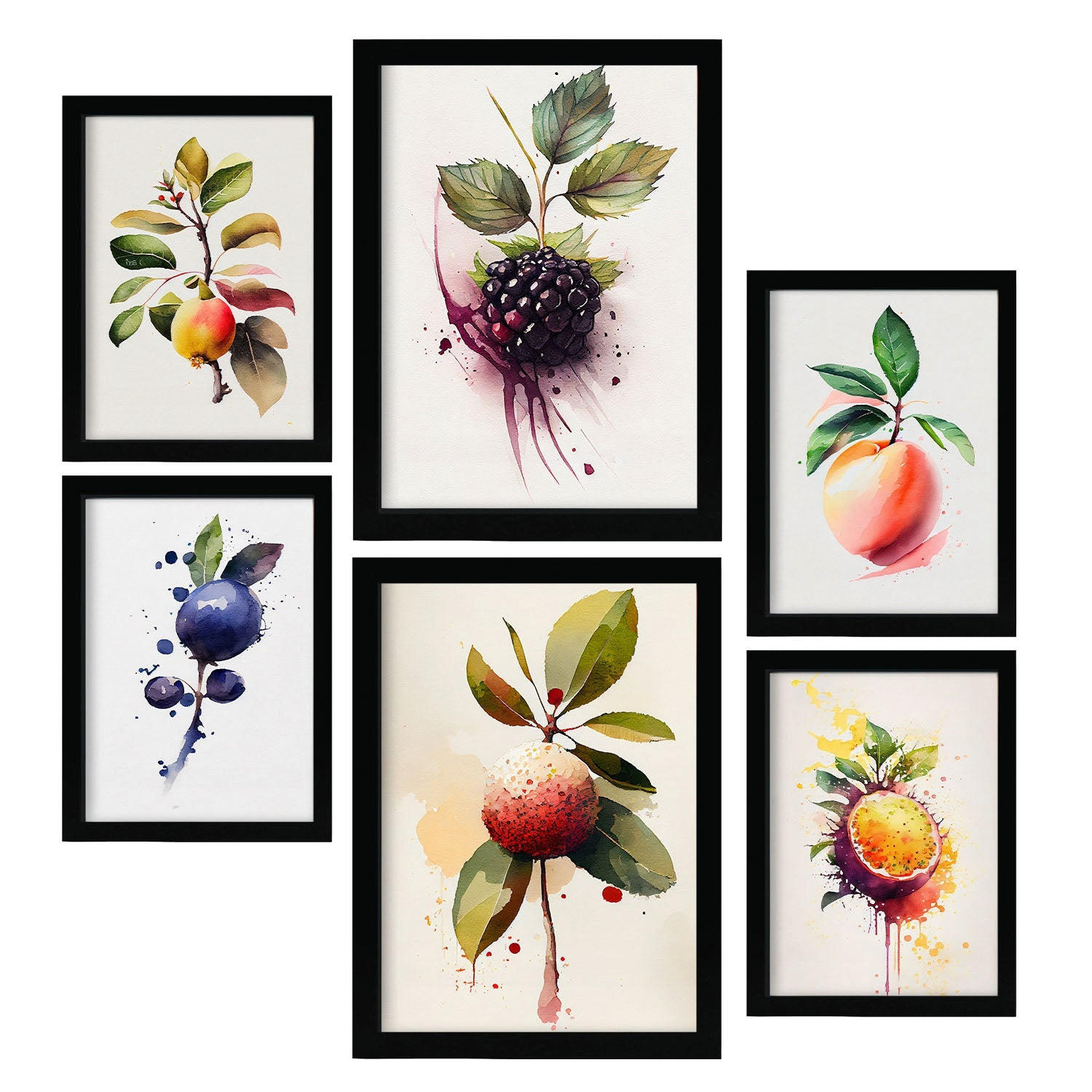 POSTER Set Mit 6 Beeren & Pfirsiche Plakate Von Obst Gemüse & Gesunden Lebensmitteln Im Aquarell Kunst Auf Reinweißen A3 & A4 Schwarzer Rahmen - Schwarz, Papier (29/3cm) - Nacnic