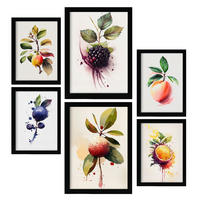 POSTER Set Mit 6 Beeren & Pfirsiche Plakate Von Obst Gemüse & Gesunden Lebensmitteln Im Aquarell Kunst Auf Reinweißen A3 & A4 Schwarzer Rahmen - Schwarz, Papier (29/3cm) - Nacnic