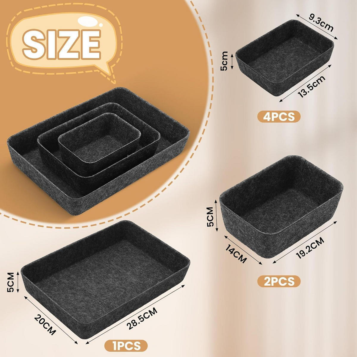 SCHUBLADEN Organizer 7er Set Filz Dunkelgrau - Anthrazit, Textil (20/5/28.5cm)