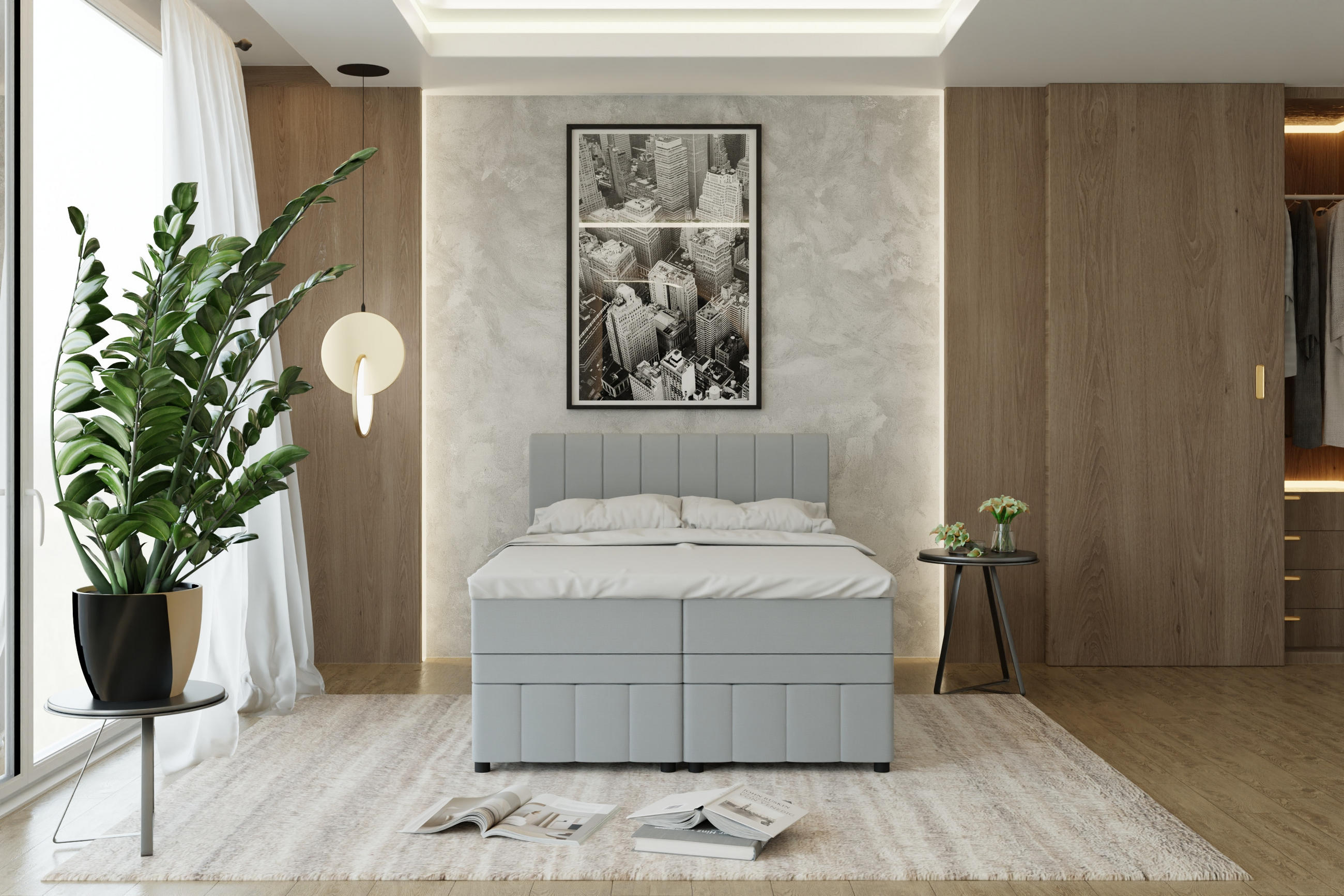 BOXBETT AVALON 140 x 200 cm mit Bettkasten und Topper - Hellgrau - Hellgrau, Holz - Panda Möbel