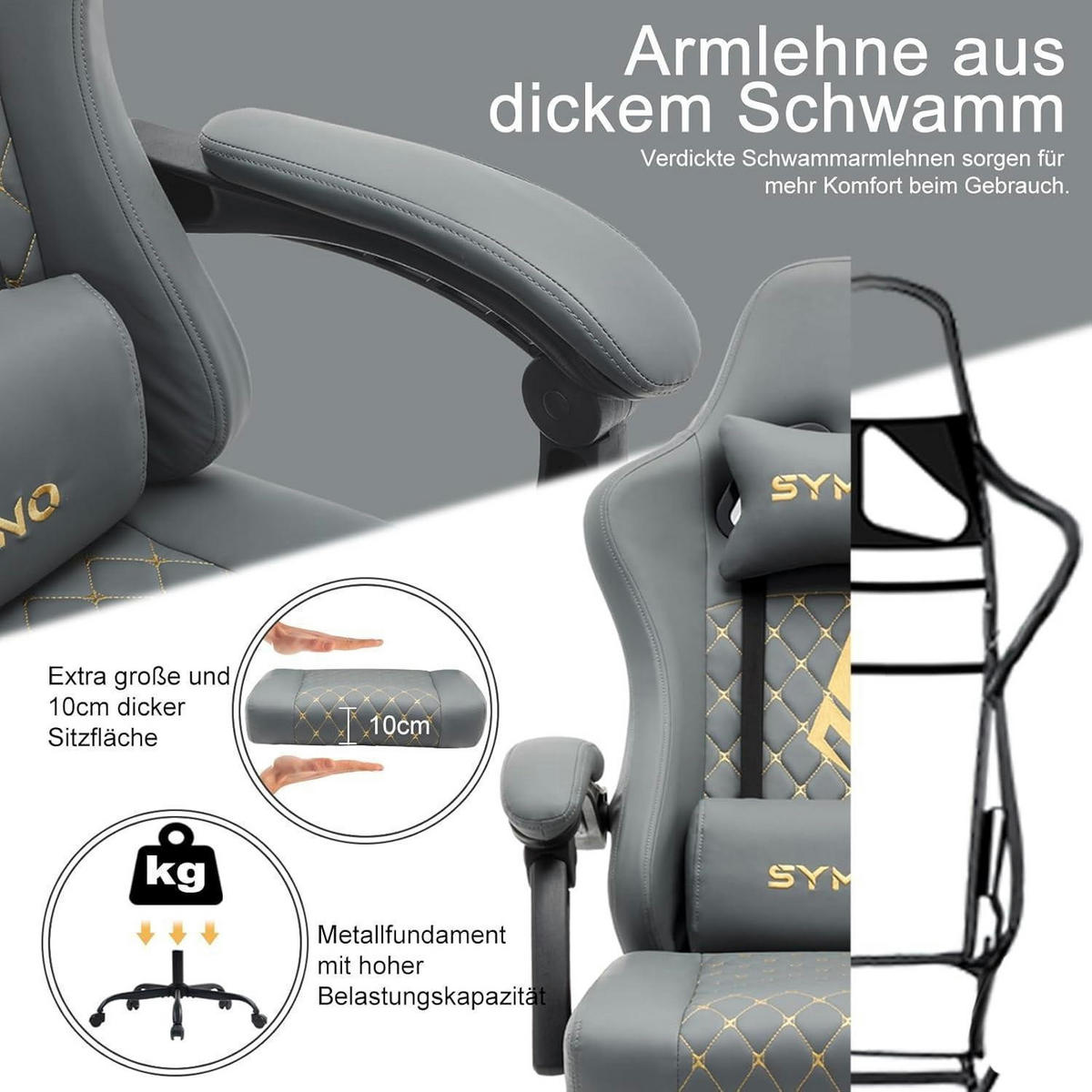 GAMING Stuhl mit Lendenwirbelstütze und Fußstütze Kunstleder Grau - Grau, Kunststoff (50/122/50cm)