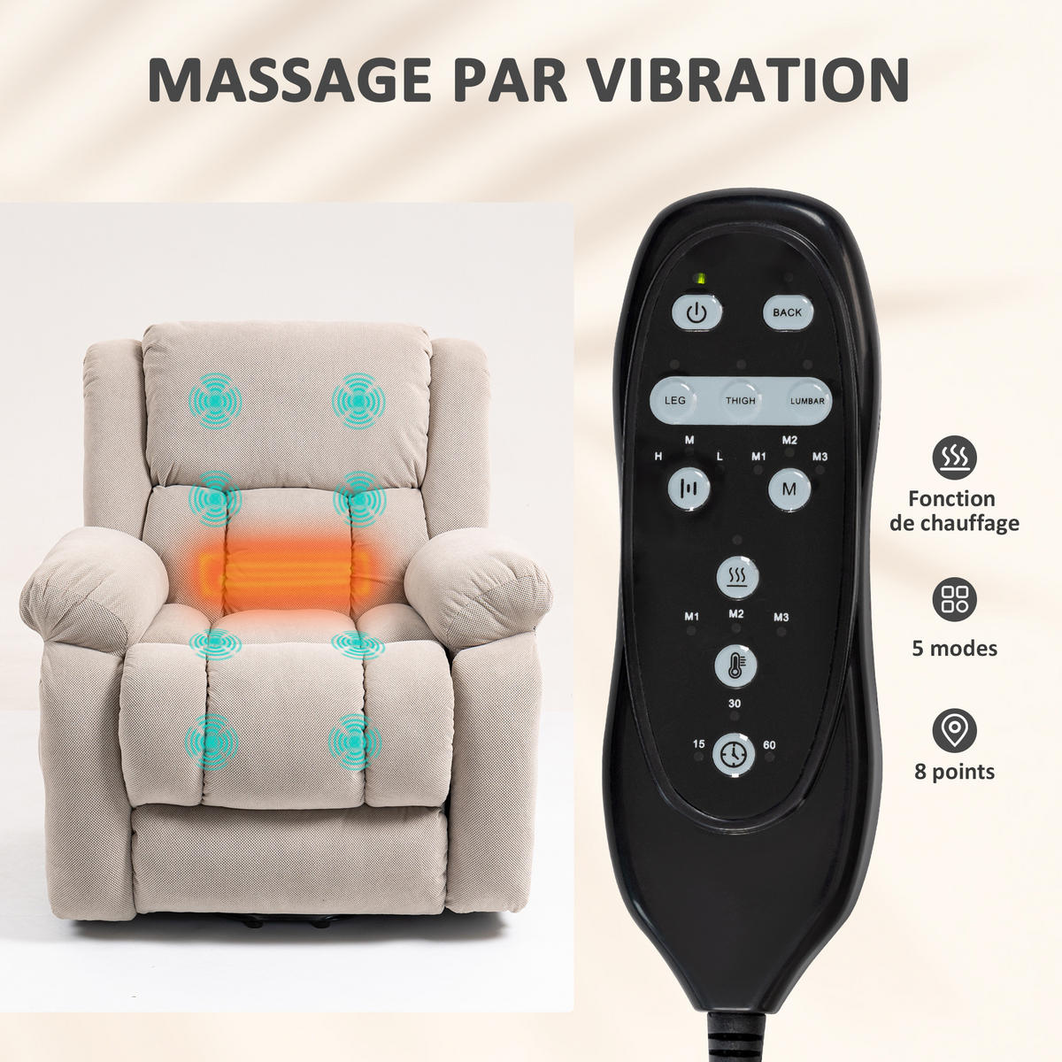 MASSAGESESSEL DE-15434 elektrisch mit Massage, Heizung und Aufstehhilfe - Beige, Metall (104/100/93cm) - ComfortXL