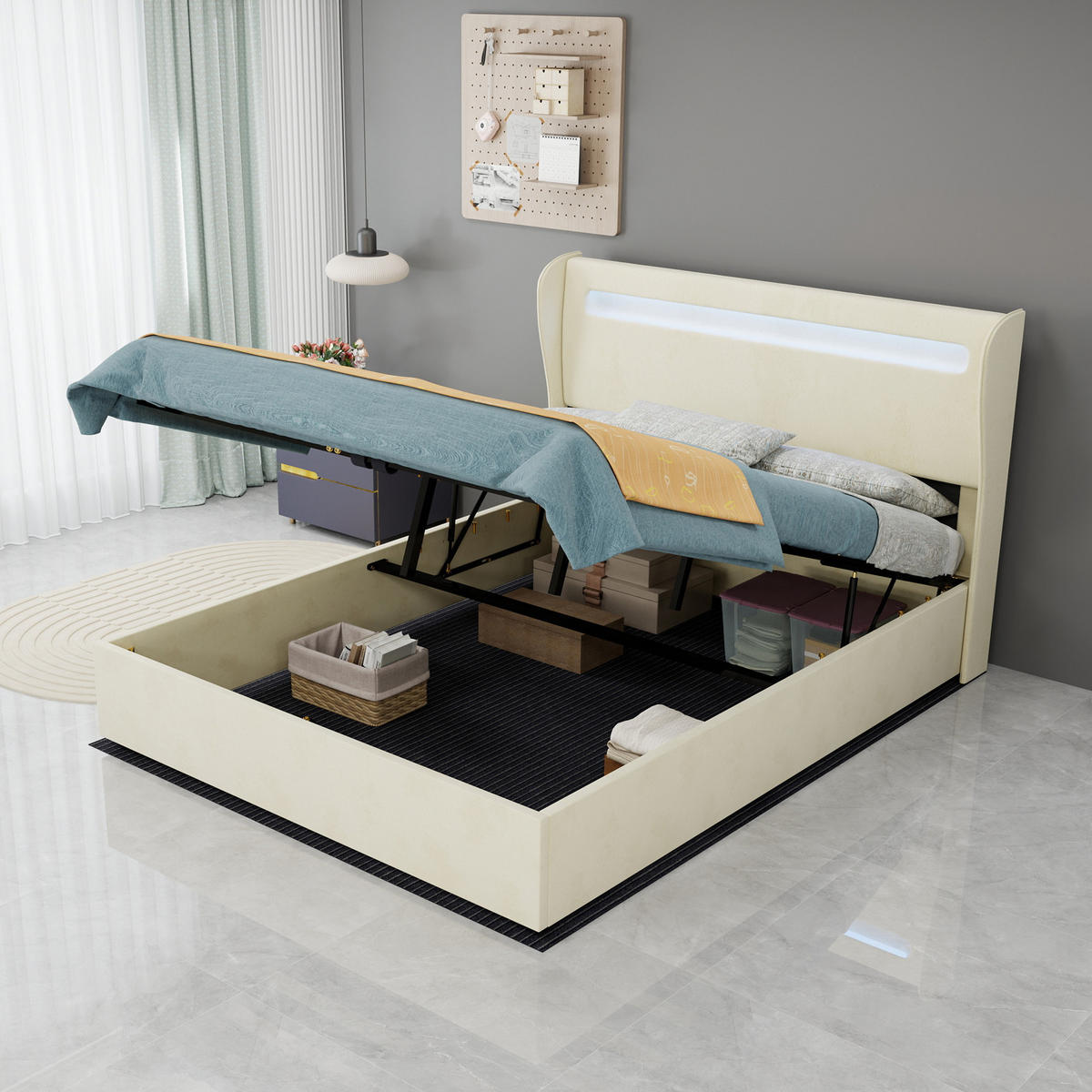 LED-POLSTERBETT 140x200 cm in Beige mit farbwechselnder LED-Beleuchtung - Beige, Textil (140/200cm) - IVMEU