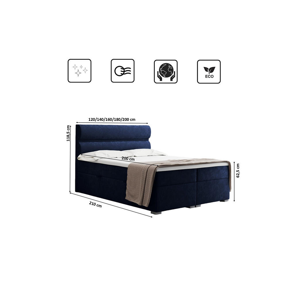 Thumbnail - Kaiser Möbel Boxbett, Blau, Textil, H3, Höhe ca. 20 cm, einzeln stellbar,Rechteckig, eckig, 200x200 cm, Reach, Schlafzim...