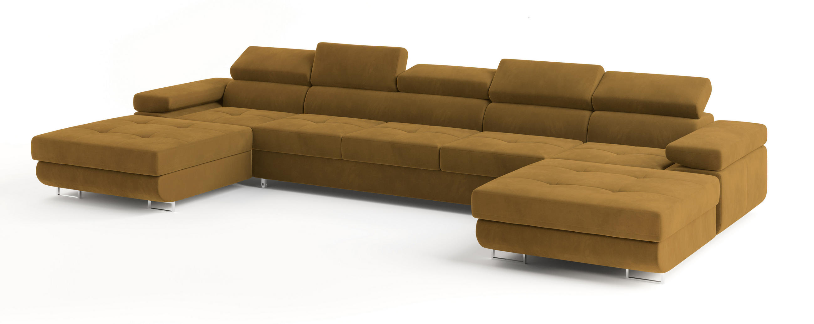 WOHNLANDSCHAFT OMBRA Gelb Velours-Stoff mit Schlaffunktion - Gelb, Holz (425/90/202cm) - MASSENO