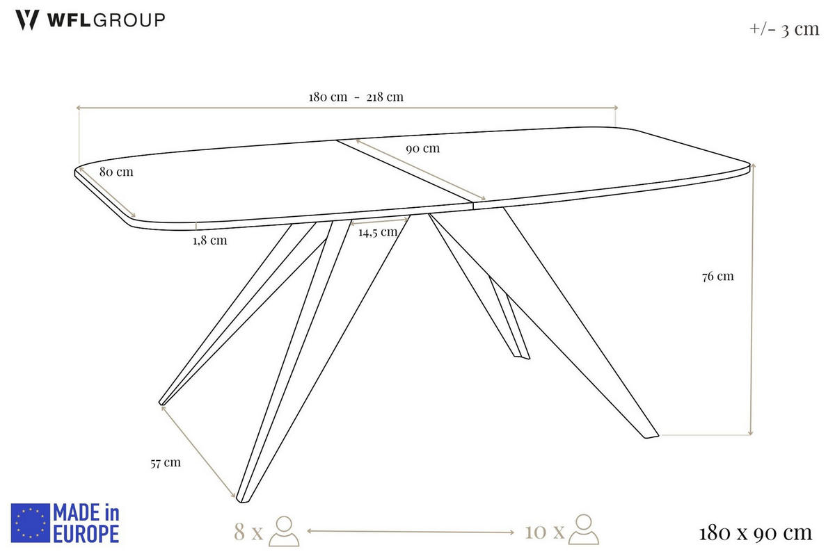 ESSTISCH Foster rechteckig ausziehbar, Lancelot Eiche 180-218/90/76 cm - Eichefarben/Schwarz, Holzwerkstoff/Metall (90/220/76cm) - WFL GROUP