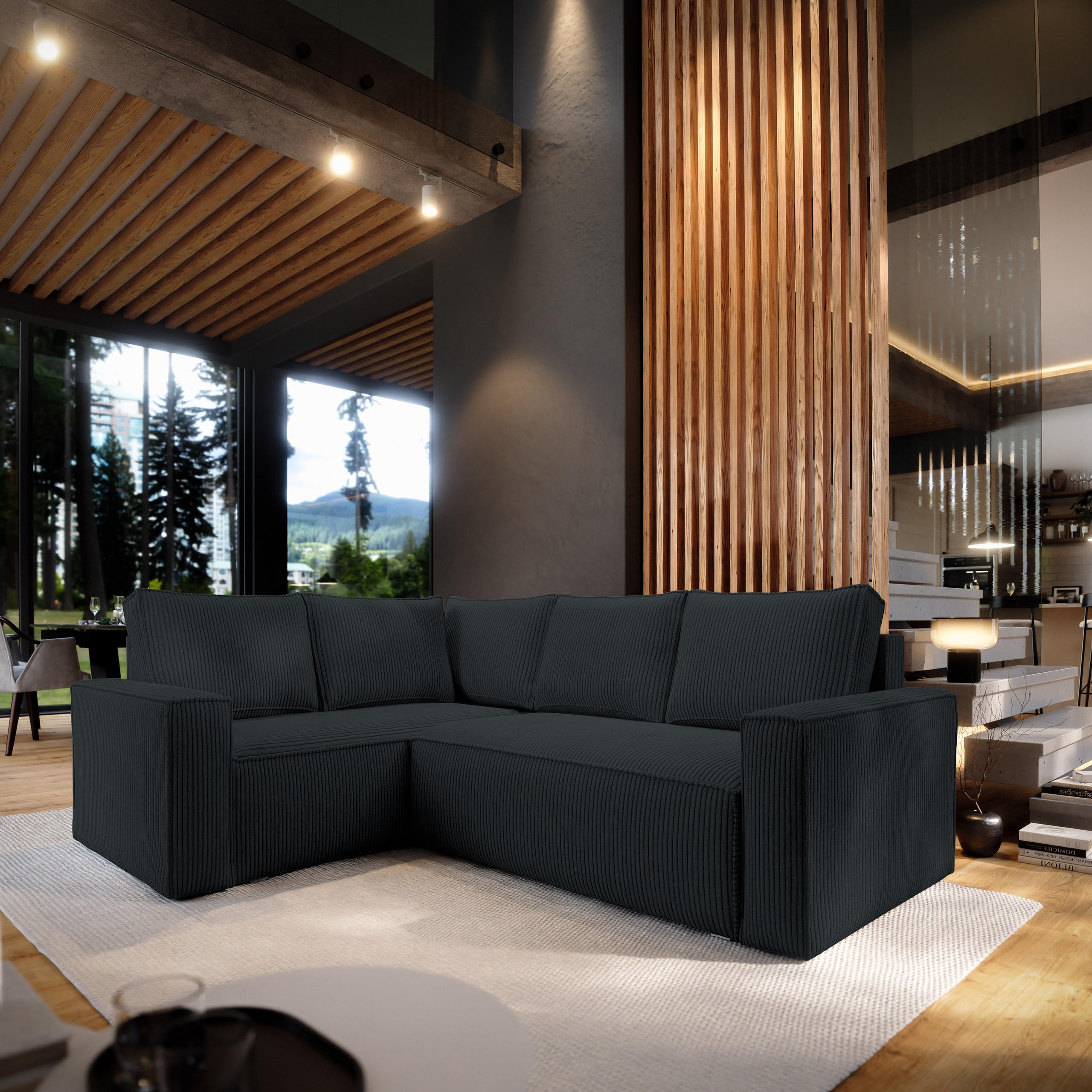 ECKSOFA ESTANO L-S Schwarz Kordstoff mit Schlaffunktion - Schwarz, Holz (230/158cm) - MASSENO