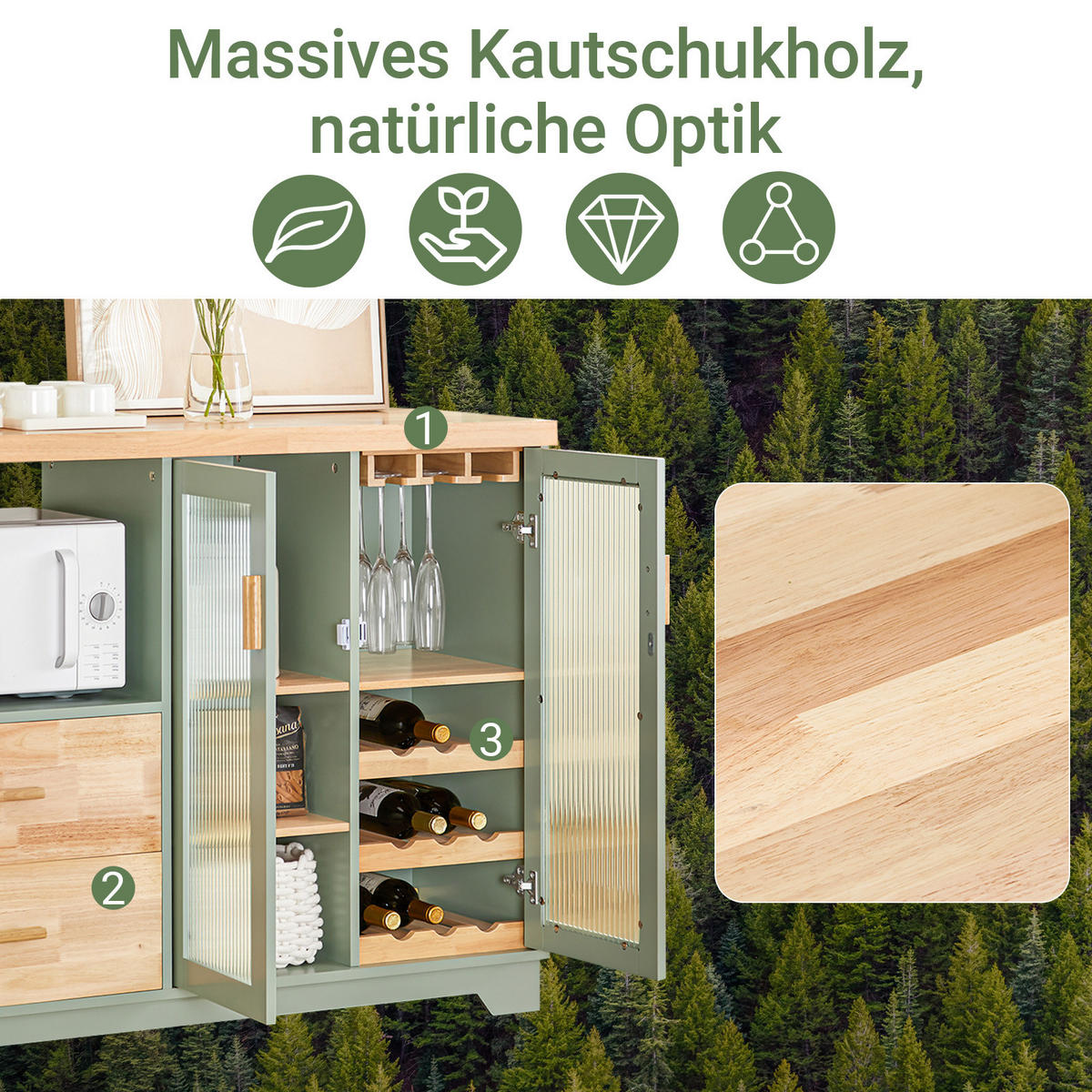 SIDEBOARD Grün, 120 cm breit, Arbeitsplatte aus Gummibaumholz, Glastüren mit Weinglas-Halterung und Flaschenregal, 2 Schubladen - Grün, Glas/Holz (120/90/40cm) - SoBuy