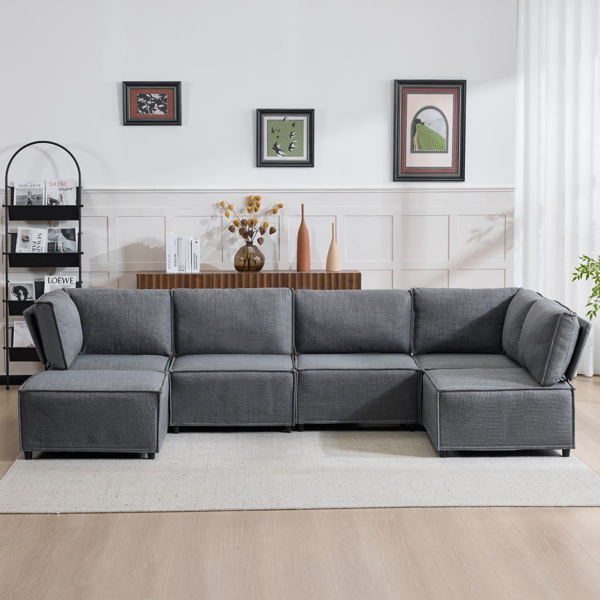 WOHNLANDSCHAFT Leinen Dunkelgrau - Dunkelgrau, Holzwerkstoff/Textil (308/77/152cm) - WISHDOR