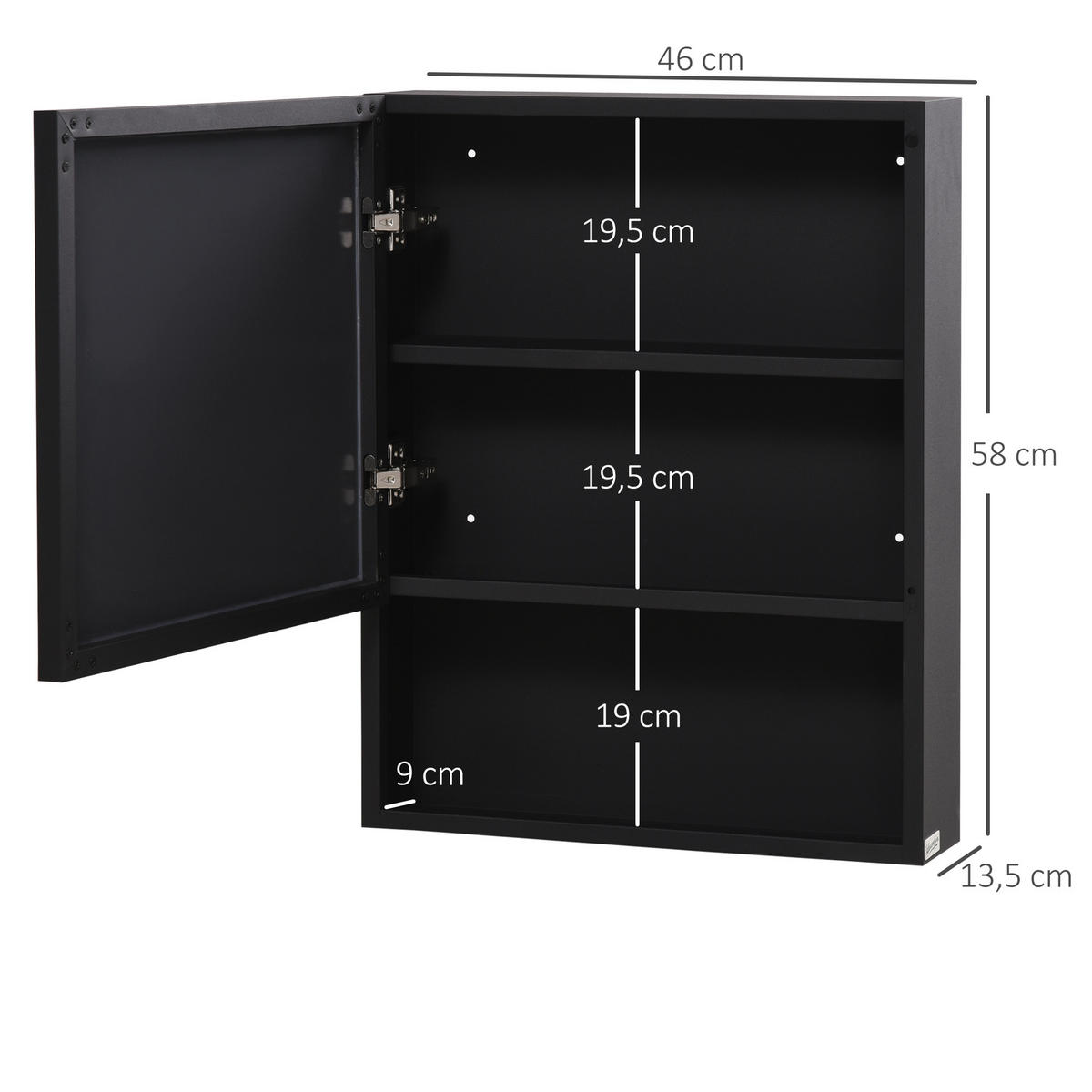 SPIEGELSCHRANK mit Spiegeltür, 2 Innenböden, Edelstahl, Glas, Schwarz - Schwarz, Glas (13.5/58/46cm) - Kleankin