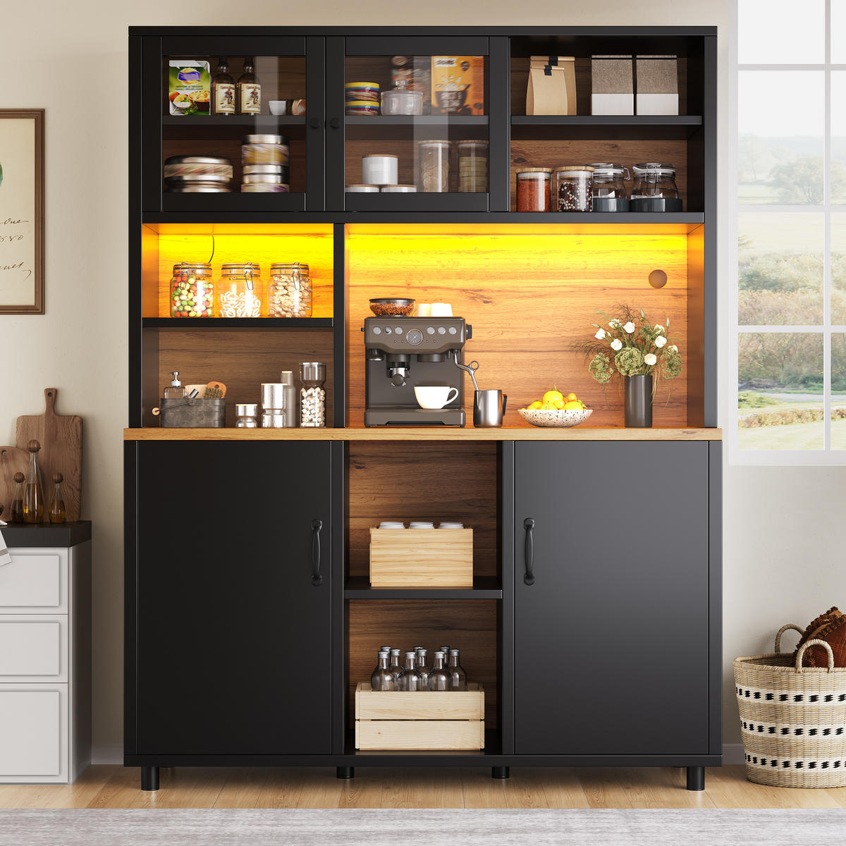 BUFFETSCHRANK Schwarz 140/40/185 cm - Schwarz, Holz (140/185/40cm) - PANGIVO