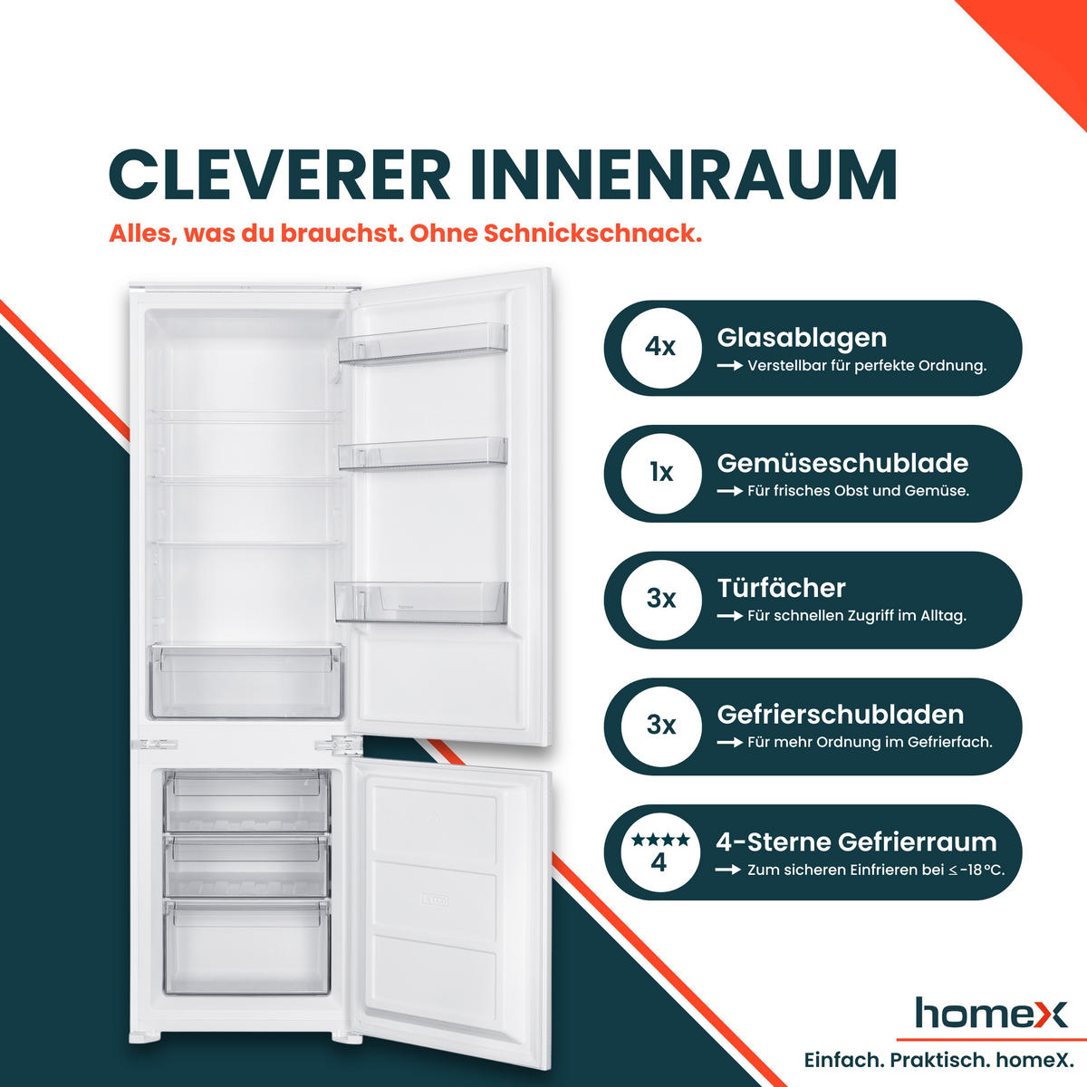 KÜHL-GEFRIER-KOMBINATION Einbau, 178cm Nische, 249 Liter, Schlepptürtechnik, Einbaukühlschrank mit Gefrierfach, CFB2491E - Weiß, Glas/Kunststoff (54/178/54cm) - homeX