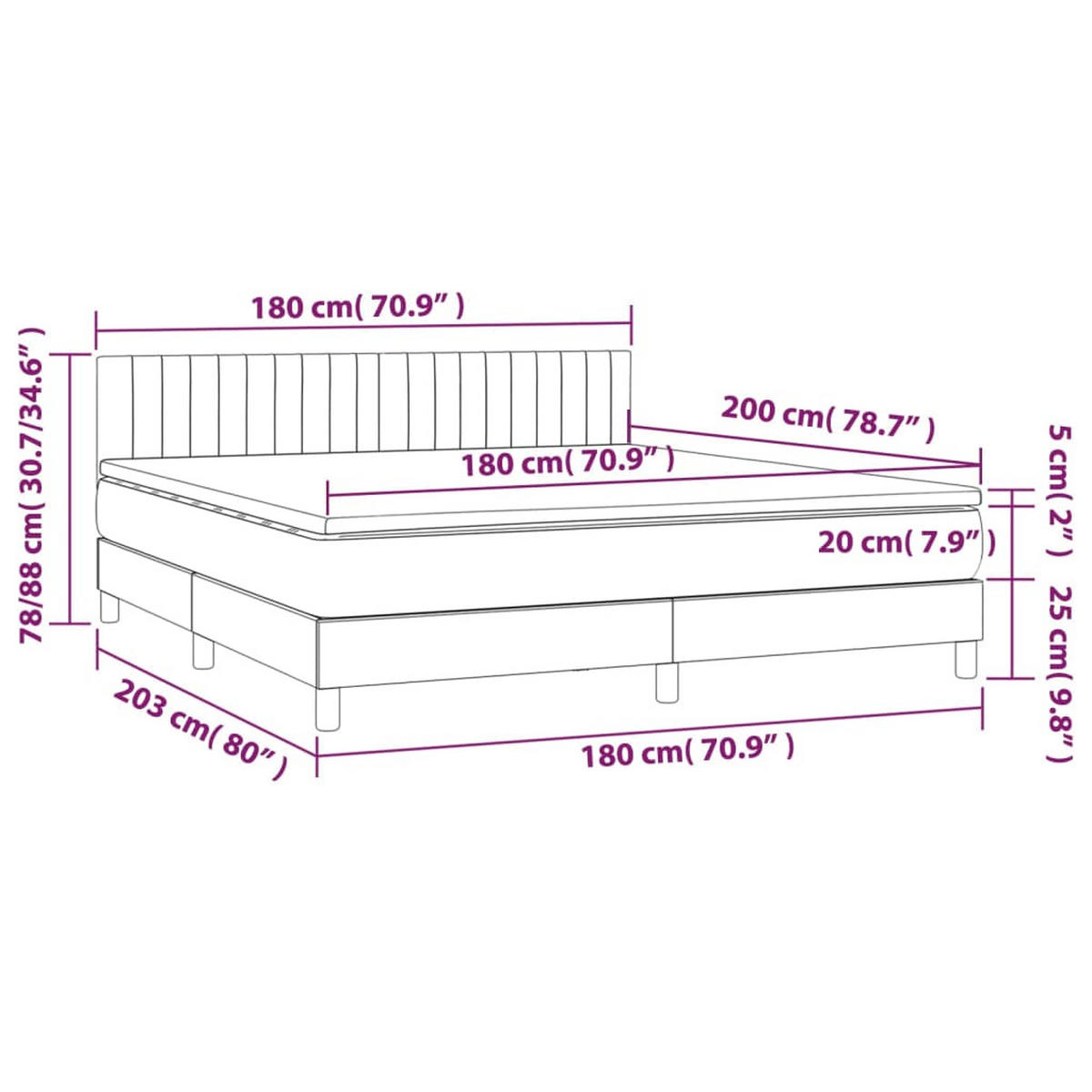 BOXSPRINGBETT mit Matratze und LED, 78/88 cm Kopfteil, 180/200 cm aus Samt, Dunkelgrau - Dunkelgrau, Holz/Textil - vidaXL