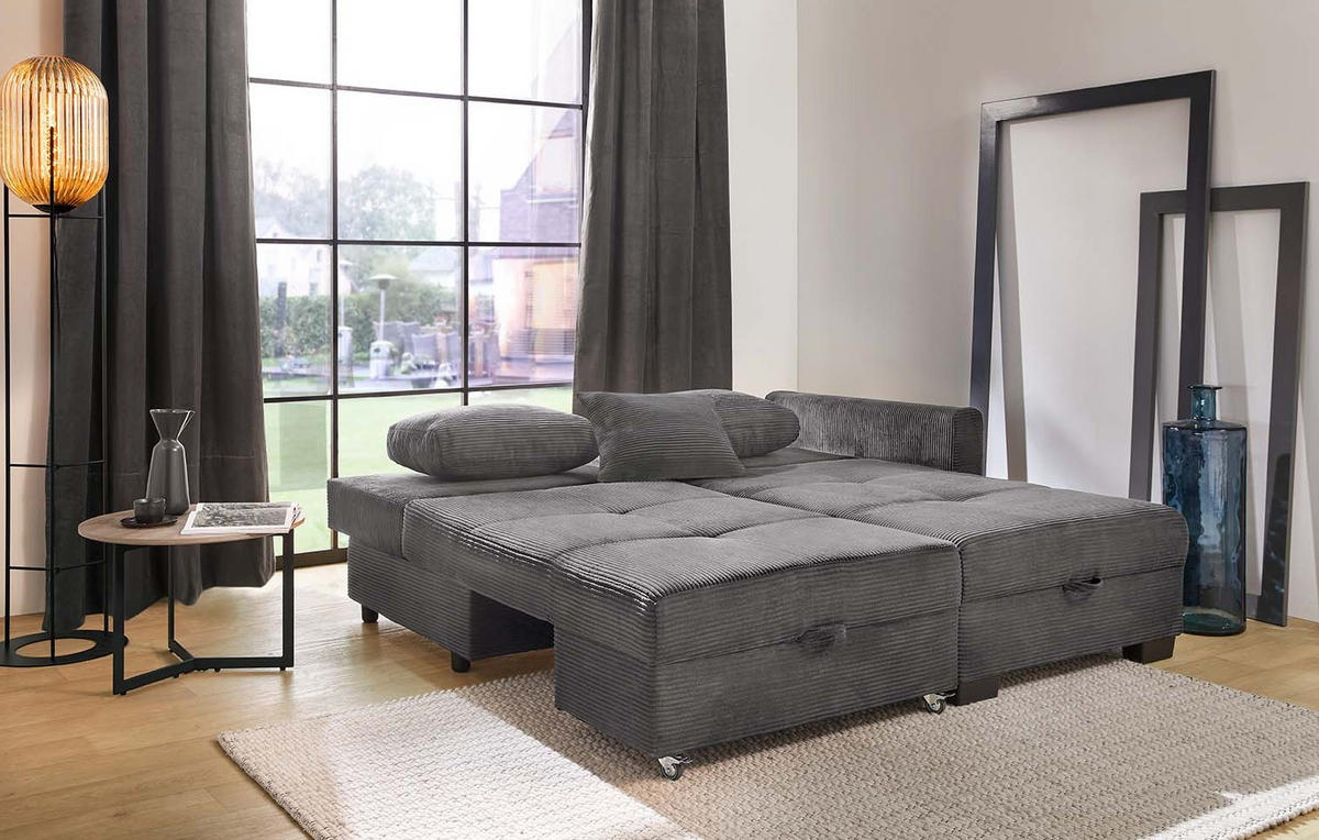 ECKSOFA Doppelbett mit Bettkasten, seitenverkehrt montierbar B247/T155/H87 cm, Liegefläche 183x207 cm, Cord Grau Anthrazit / 15214 - Schieferfarben/Anthrazit, Kunststoff/Textil (247/155cm) - luma-home
