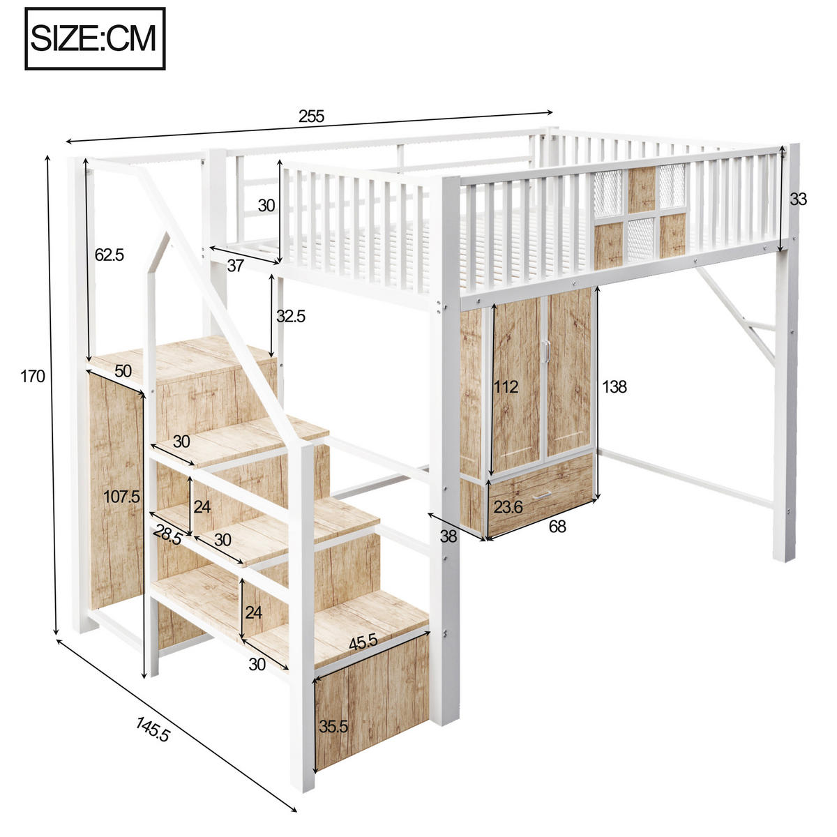 HOCHBETT 140/200 cm in Weiß mit Kleiderschrank, Schublade und Aufbewahrungsleiter aus Metall und Holz - Weiß/Naturfarben, Holzwerkstoff/Metall (140/200cm) - CHICFURN