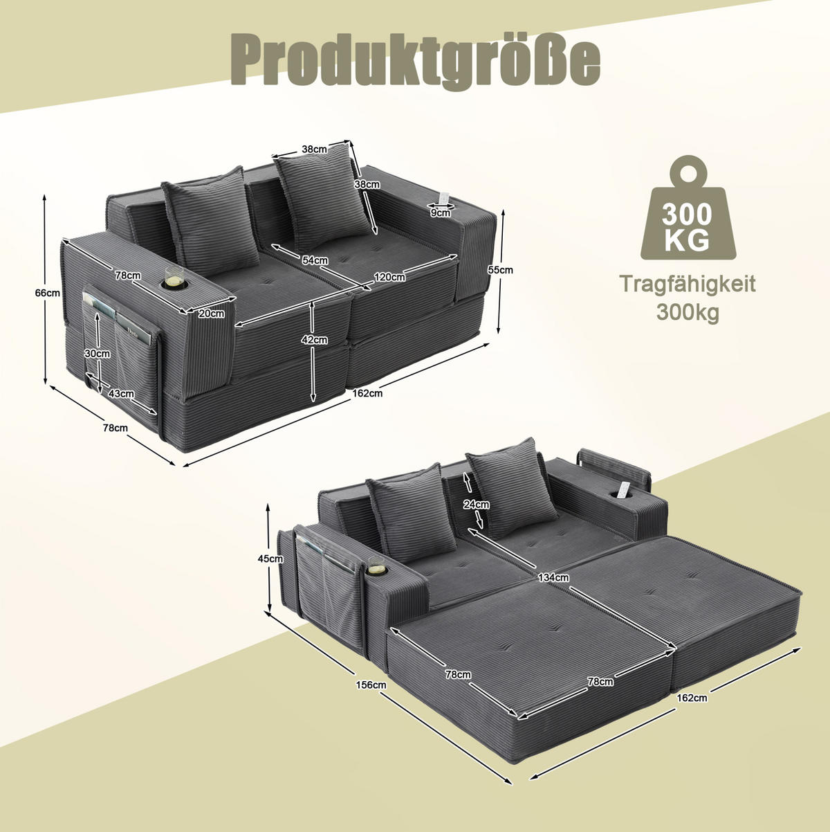 2-SITZER-SOFA 162/78/66 cm mit 2 Kissen, Seitentaschen und modularem Cord-Design, Dunkelgrau - Dunkelgrau, Textil (162/66/78cm) - Redom