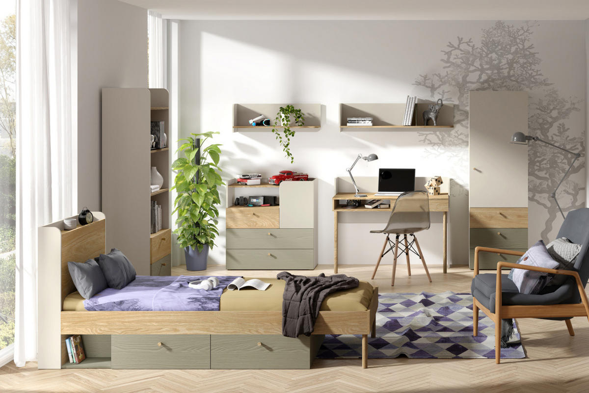 KINDERKLEIDERSCHRANK YOGI 02 90/185 cm in Graubeige / Geölte Eiche / Eukalyptus - Greige/Eichefarben, Holzwerkstoff (90/185/60cm) - Deine Möbel 24