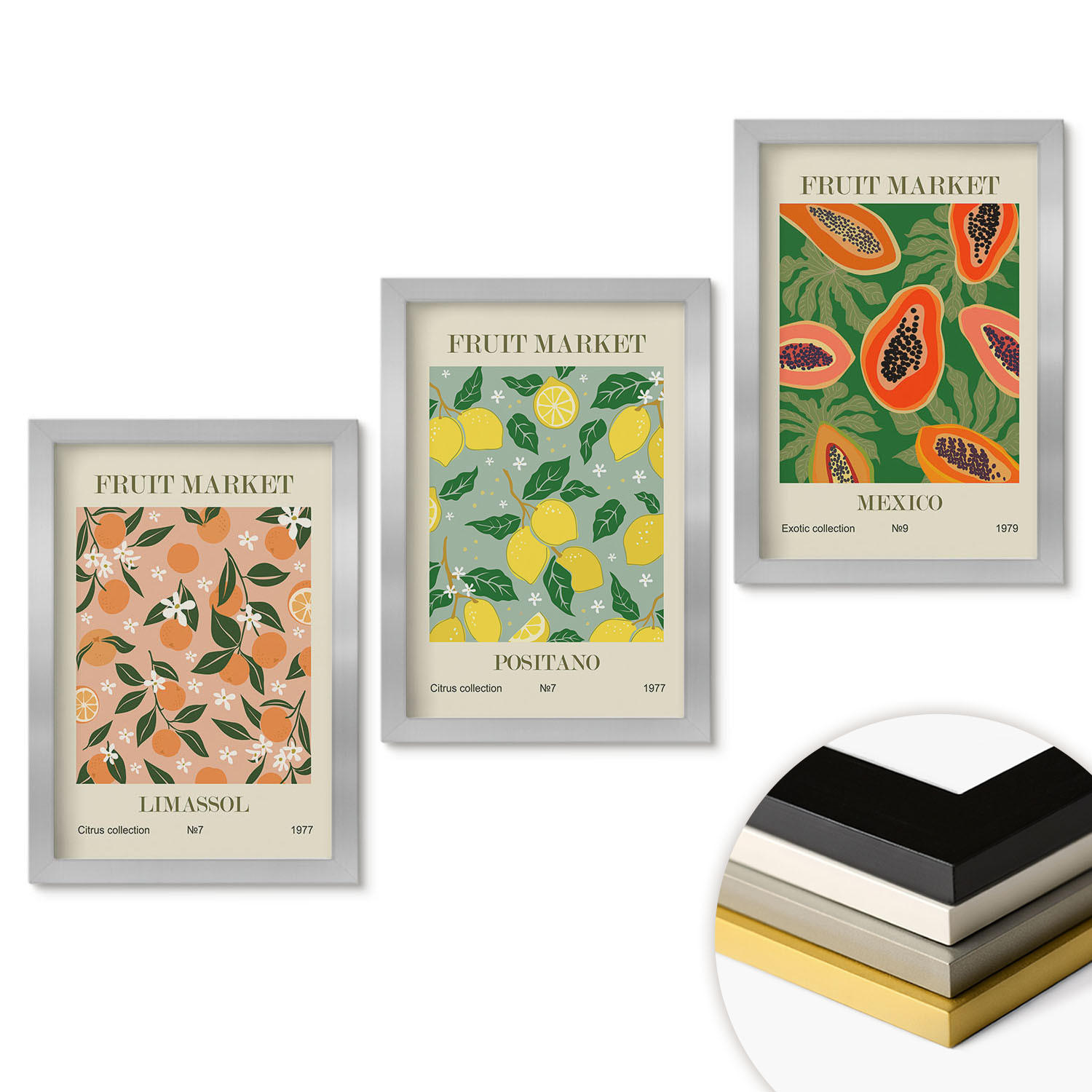 WANDBILDER 3er Set - 20x30 cm Silberner Rahmen - Zitrusfrüchte, tropischer Retro-Stil - Silberfarben, Kunststoff (20/30cm) - ArtPrintCave
