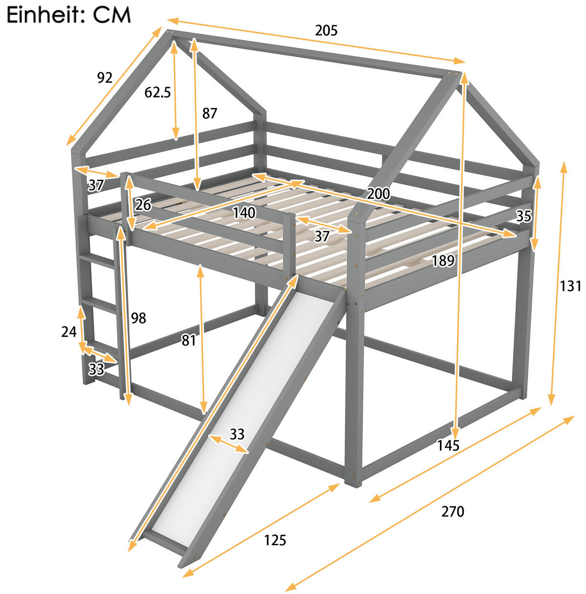 HAUSBETT 140/200 cm in Grau mit Rutsche und Leiter - Grau, Holz (140/200cm) - BEAOK