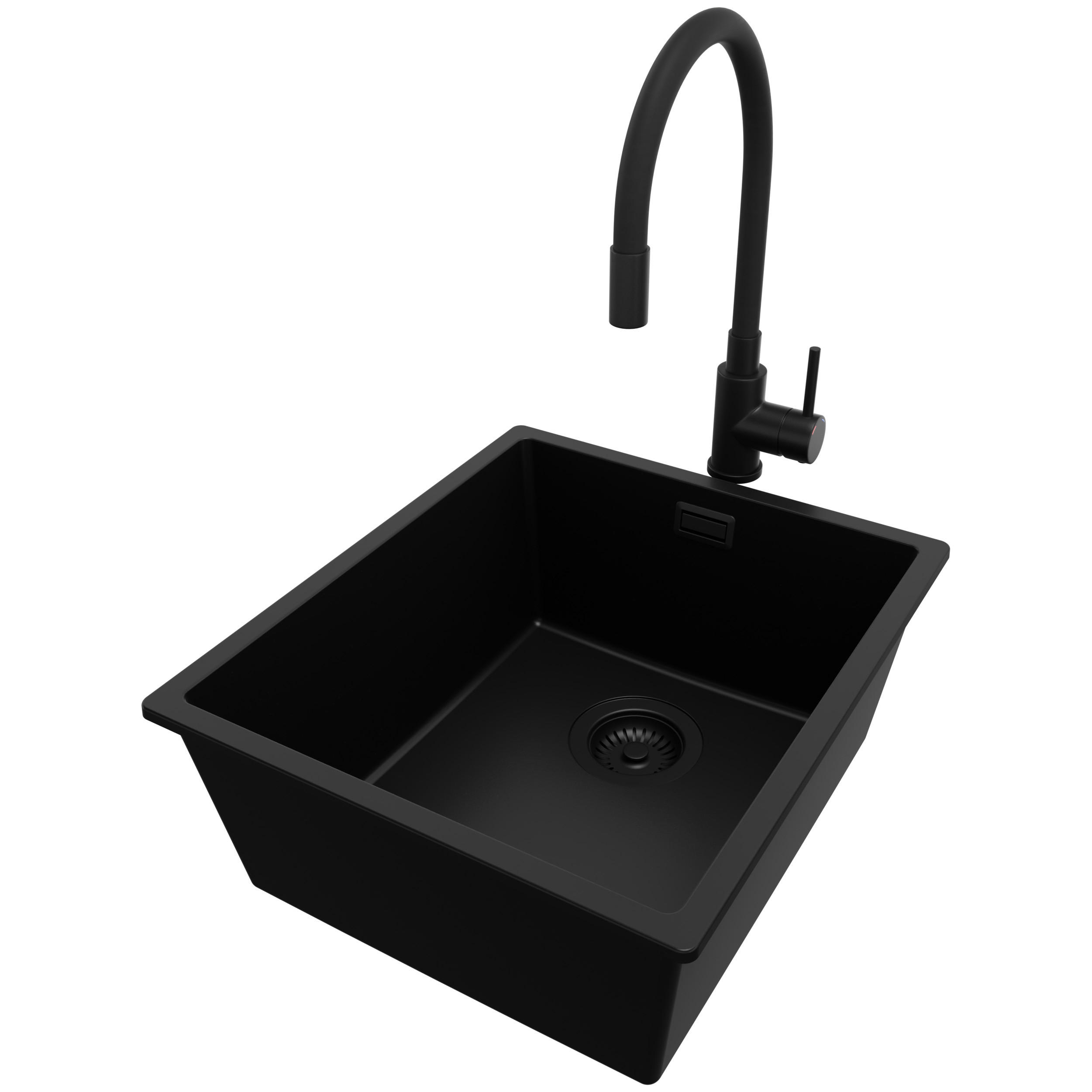 GRANITSPÜLE London Slim, 2-er set Alles Schwarz 41/47 cm 1 Becken + Küchenarmatur 40/38 cm + Ablauf-Set ab 45er Unterschrank - Schwarz, Kunststoff (41/20/47cm) - Primagran