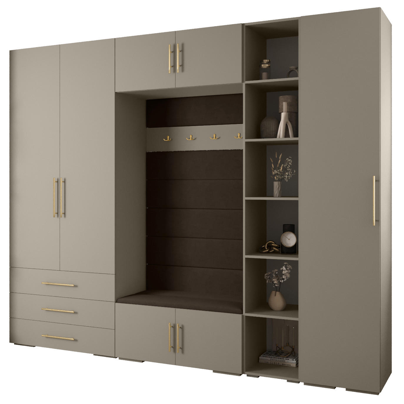 Abiks Möbel Garderoben-Set Kaschmir, Braun, Gold 290x236.7x47 cm