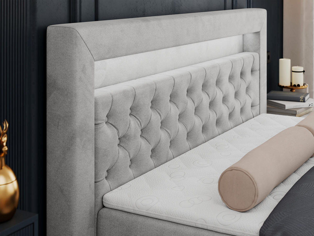 BOXBETT GOLD-6 LED 140/200 Hellgrau Velvet - H3 - Hellgrau, Holz/Textil (140/200cm) - MKS