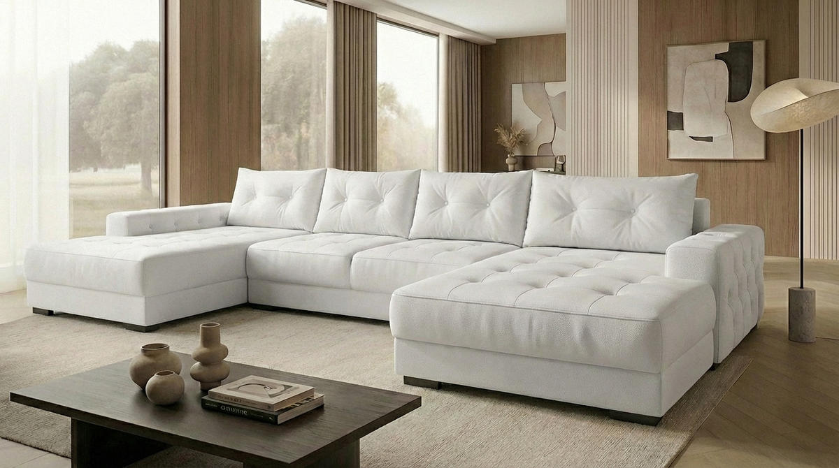 ECKSOFA MODENA 320 cm x 185 cm – Stoff: ECO CAYENCE Weiss 1111 Farbe: Weiß - Weiß, Textil (320/185cm) - A&J MöbelLand