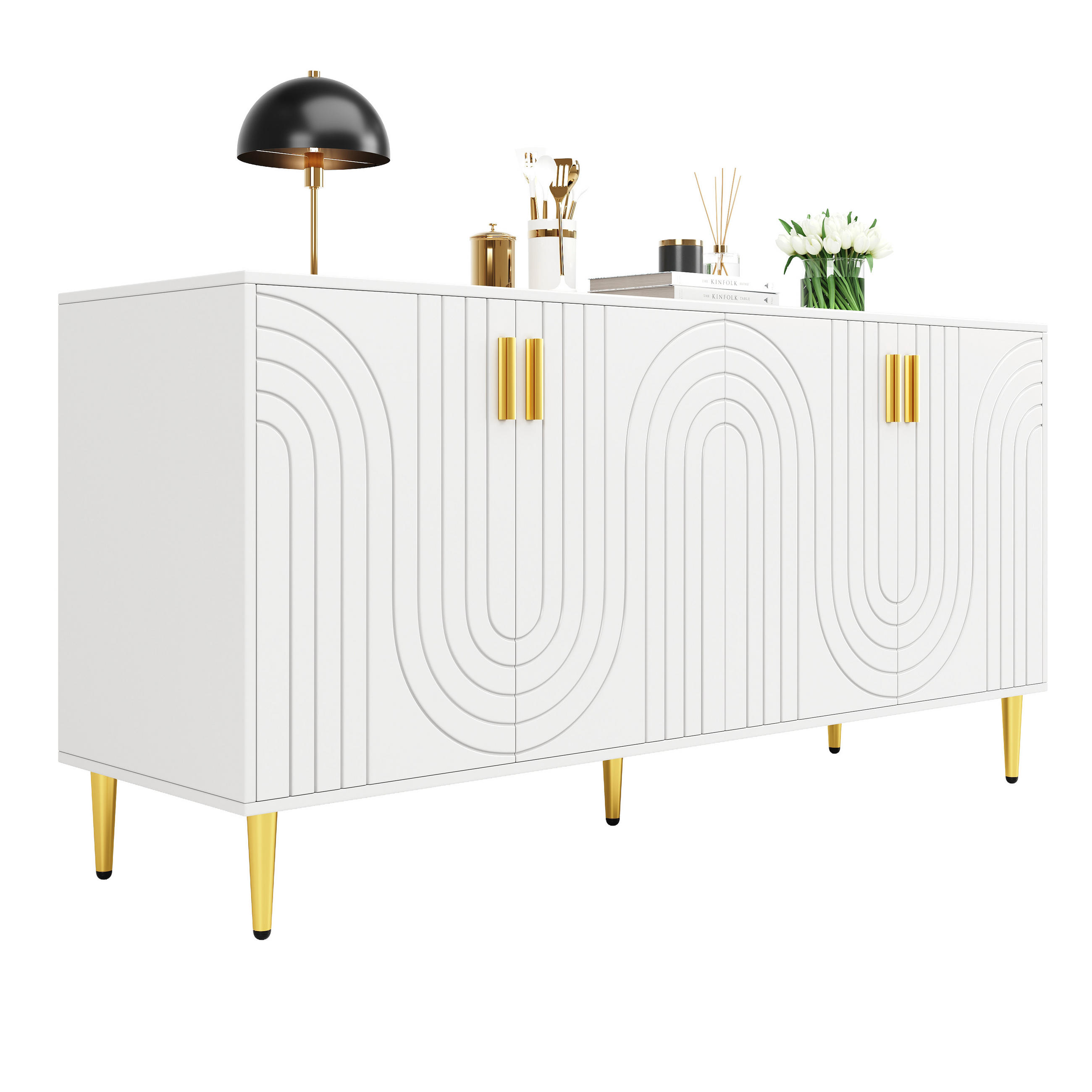 SIDEBOARD in Weiß Anrichte mit einzigartigem Wellendesign und goldenen Griffen für Wohnzimmer, B152/T40/H75 cm - Goldfarben/Weiß, Holzwerkstoff/Metall (152/75/40cm) - STILVORA