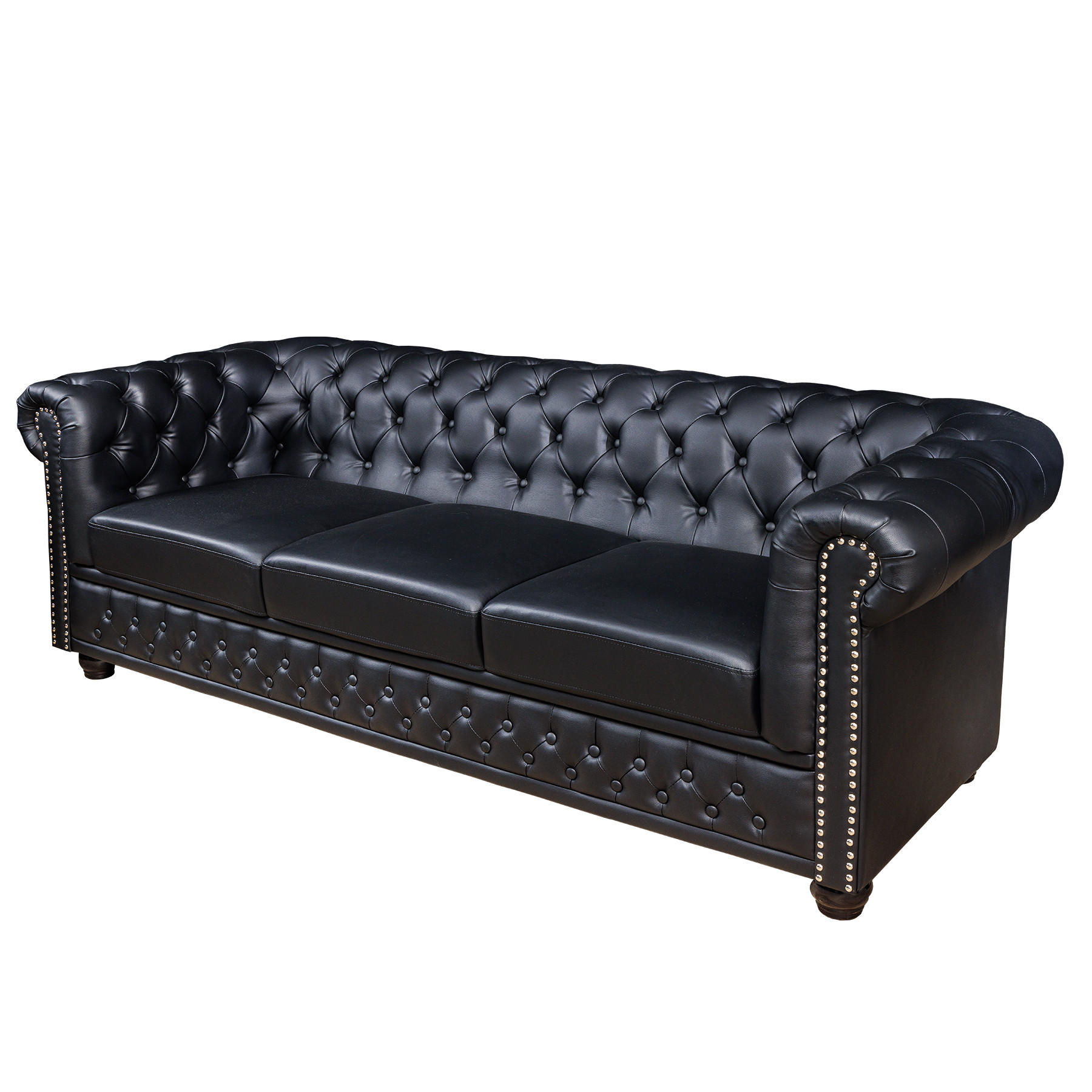 3-SITZER SOFA CHESTERFIELD Kunstleder Schwarz 205 cm - Dunkelbraun/Schwarz, Holz/Textil (205/73/85cm) - riess-ambiente