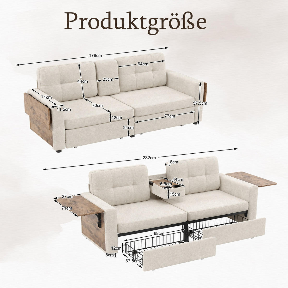 2-SITZER-SOFA mit Laptop-Tisch und Stauraum, DE-42611, Beige - Beige, Metall (178/57.5/71cm) - ComfortXL