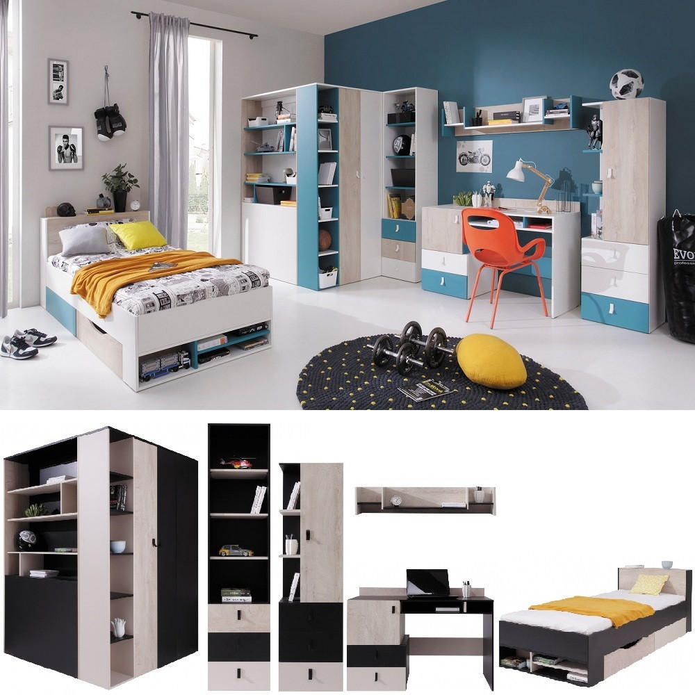 JUGENDZIMMER Space Set B mit Bett 90 x 200 - Schwarz-Eiche-Beige - Eichefarben/Beige, Holzwerkstoff (135/190/135cm) - QMM TraumMöbel