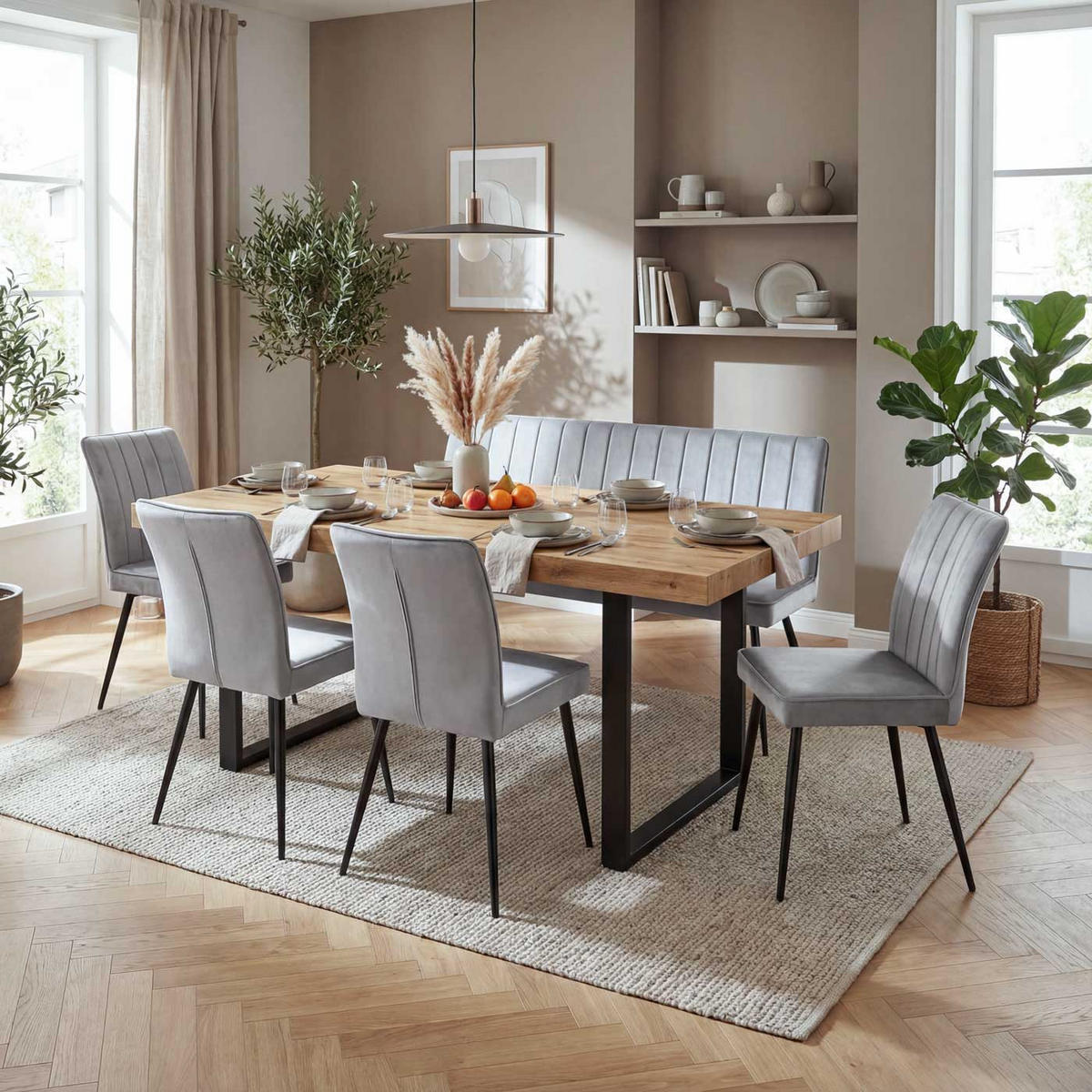 ESSZIMMER-SET Hellgrau 5er-Set - Hellgrau, Textil (160/90/64cm) - MCW