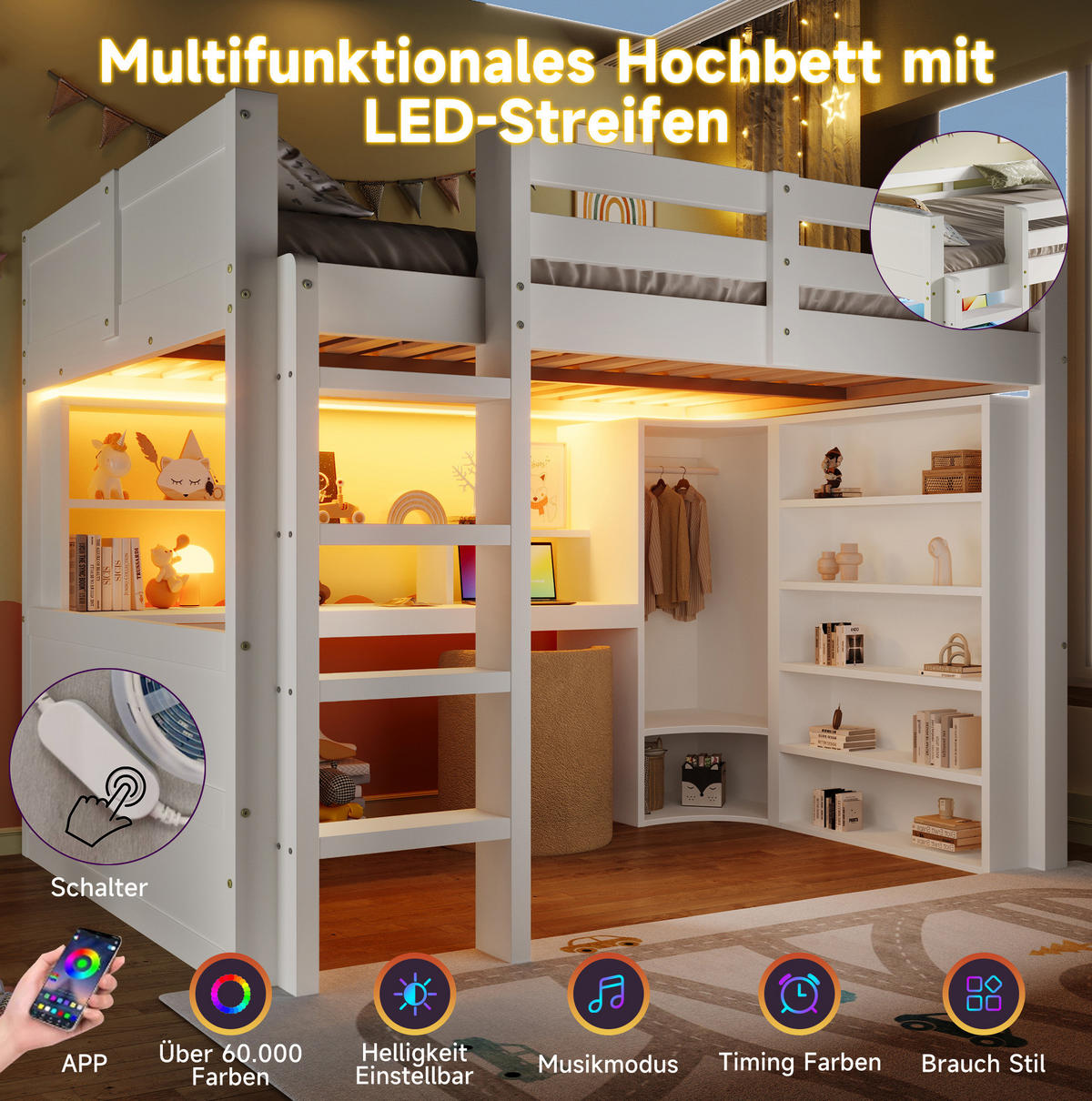 HOCHBETT mit LED-Leuchtleiste, Schreibtisch und Kleiderschrank, 140/200 cm, Weiß - Weiß, Holz (140/200cm) - MIVRAY