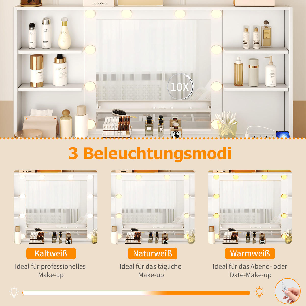 SCHMINKTISCH mit Spiegel und Aufbewahrungshocker,113 x 40 x 140 cm,10 Glühbirnen,3 verstellbare Farben,3 Schubladen,6 Regale und 5 Haken,Weiß - Weiß, Holzwerkstoff (40/75/113cm)