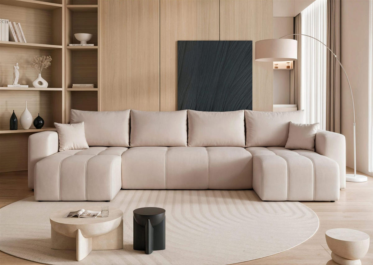 WOHNLANDSCHAFT Leros Schlaffunktion - Beige, Holzwerkstoff/Textil (318/79/145cm) - Fun Möbel