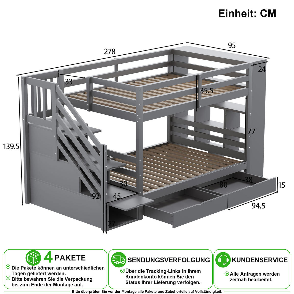ETAGENBETT 90/200 cm in Grau mit Sicherheitstreppe, 2 Schubladen und Stauraum aus Holz - Grau, Holz/Holzwerkstoff (90/200cm) - CHICFURN