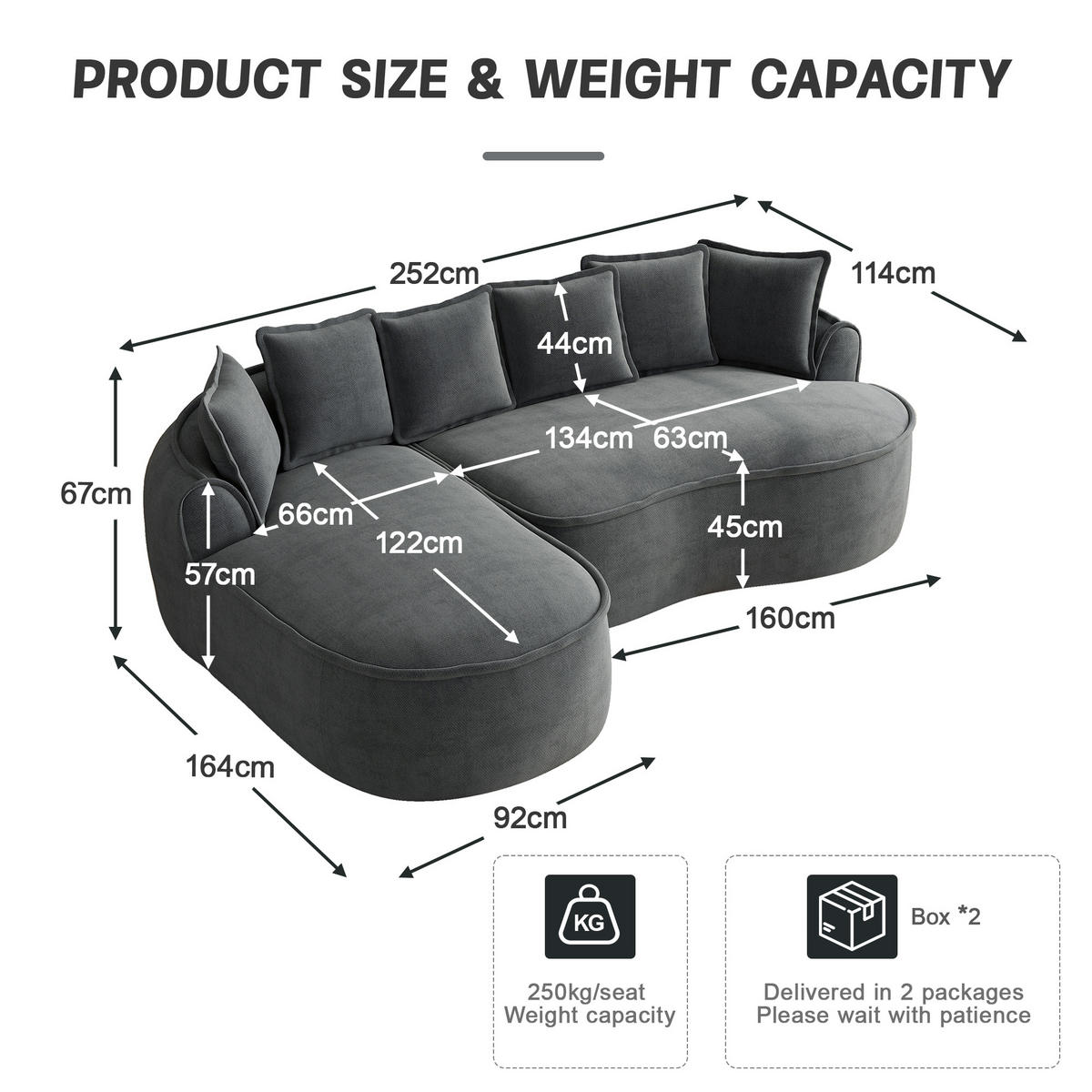 3-SITZER Sofa 252x164x67 cm aus Chenille-Stoff rahmenlos multifunktional, grau - Grau, Textil (164/67/252cm)