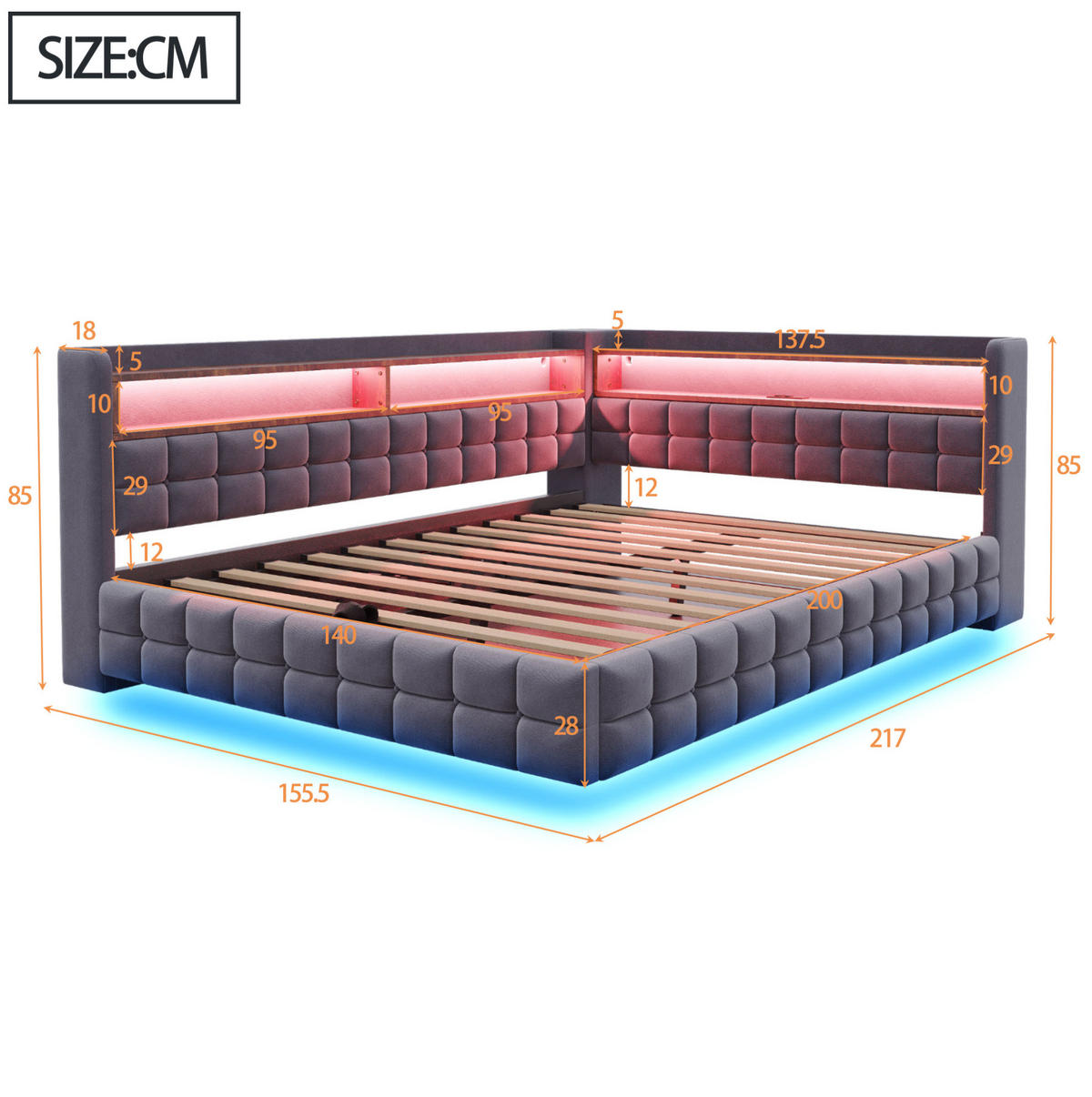 SCHLAFSOFA 140x200 cm in Grau mit Stauraum, LED-Beleuchtung und Ladeanschlüssen - Grau, Textil (140/200cm) - IVMEU