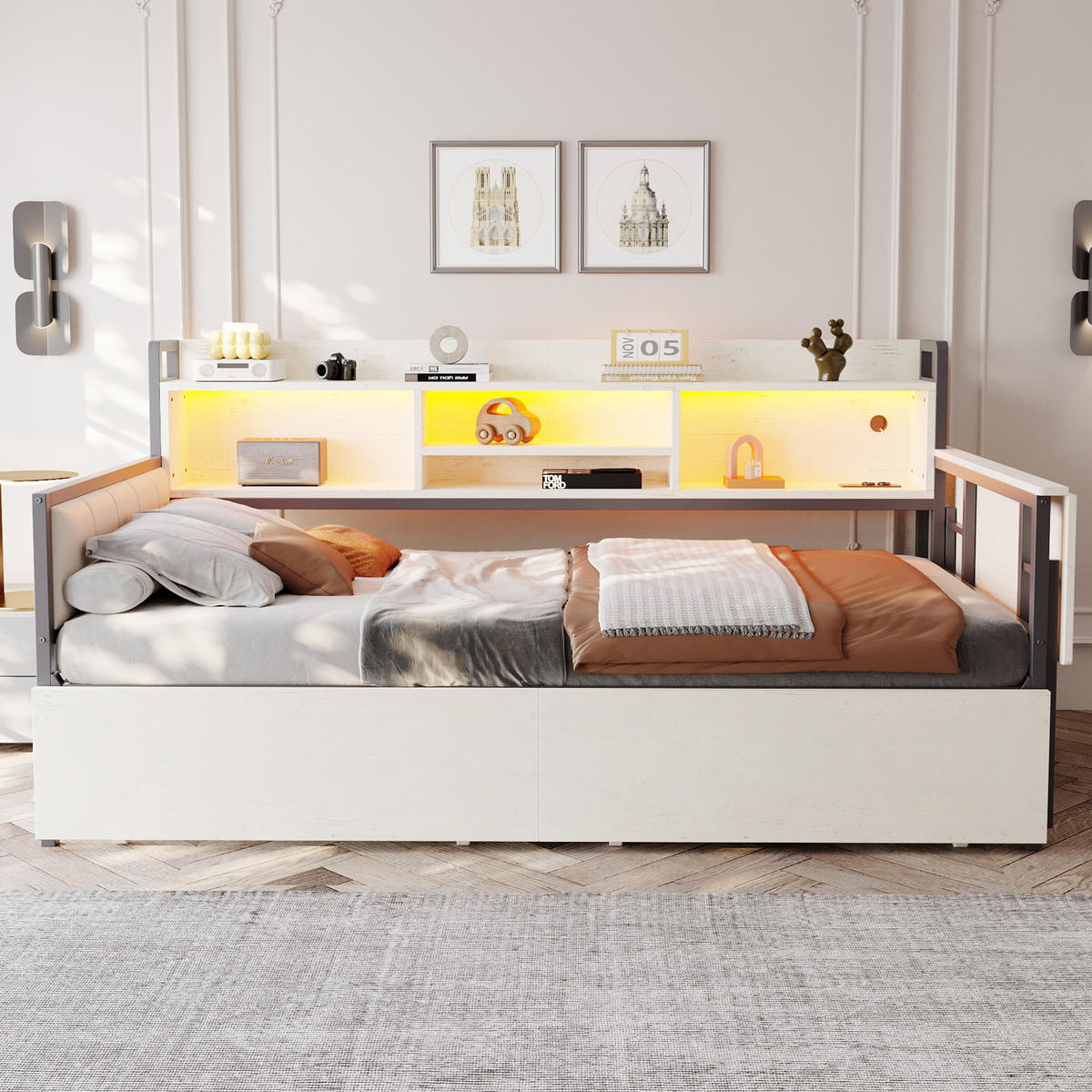 BETT 90/200 cm mit LED-Beleuchtung und Schreibtisch Weiß - Weiß, Metall (90/200cm) - OKWISH