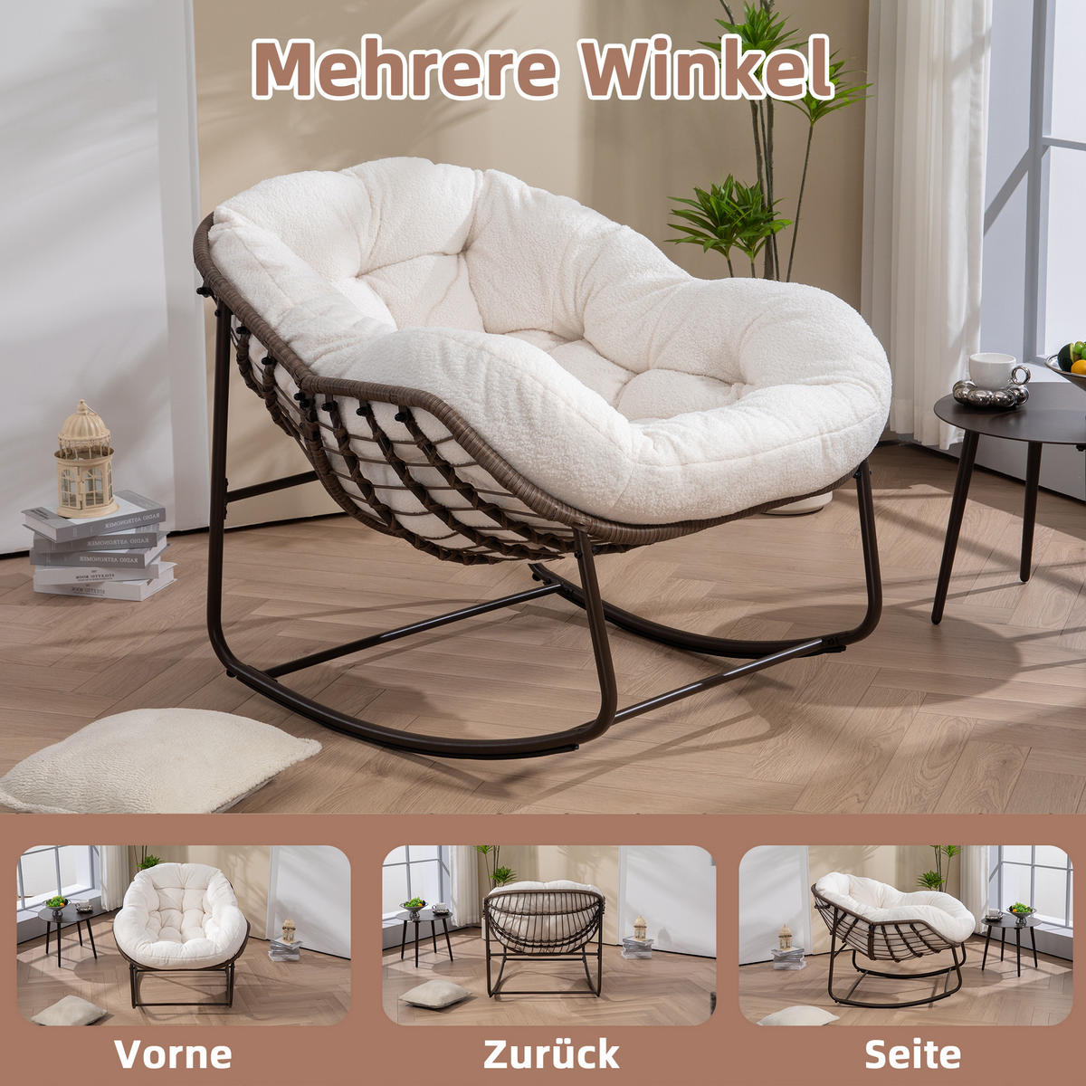 SCHAUKELSTUHL Schaukelsessel Garten,Rattanstuhl mit Stahlrahmen,Weiß-Fleece - Weiß, Metall (94.5/80/111cm) - LVHOM