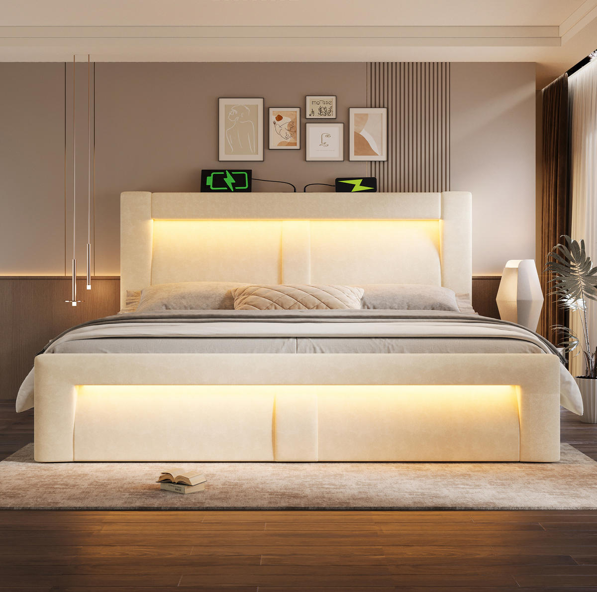 POLSTERBETT aus Samt 160x200 cm in Beige mit LED-Beleuchtung & Matratze - Beige, Textil (160/200cm) - Modfu