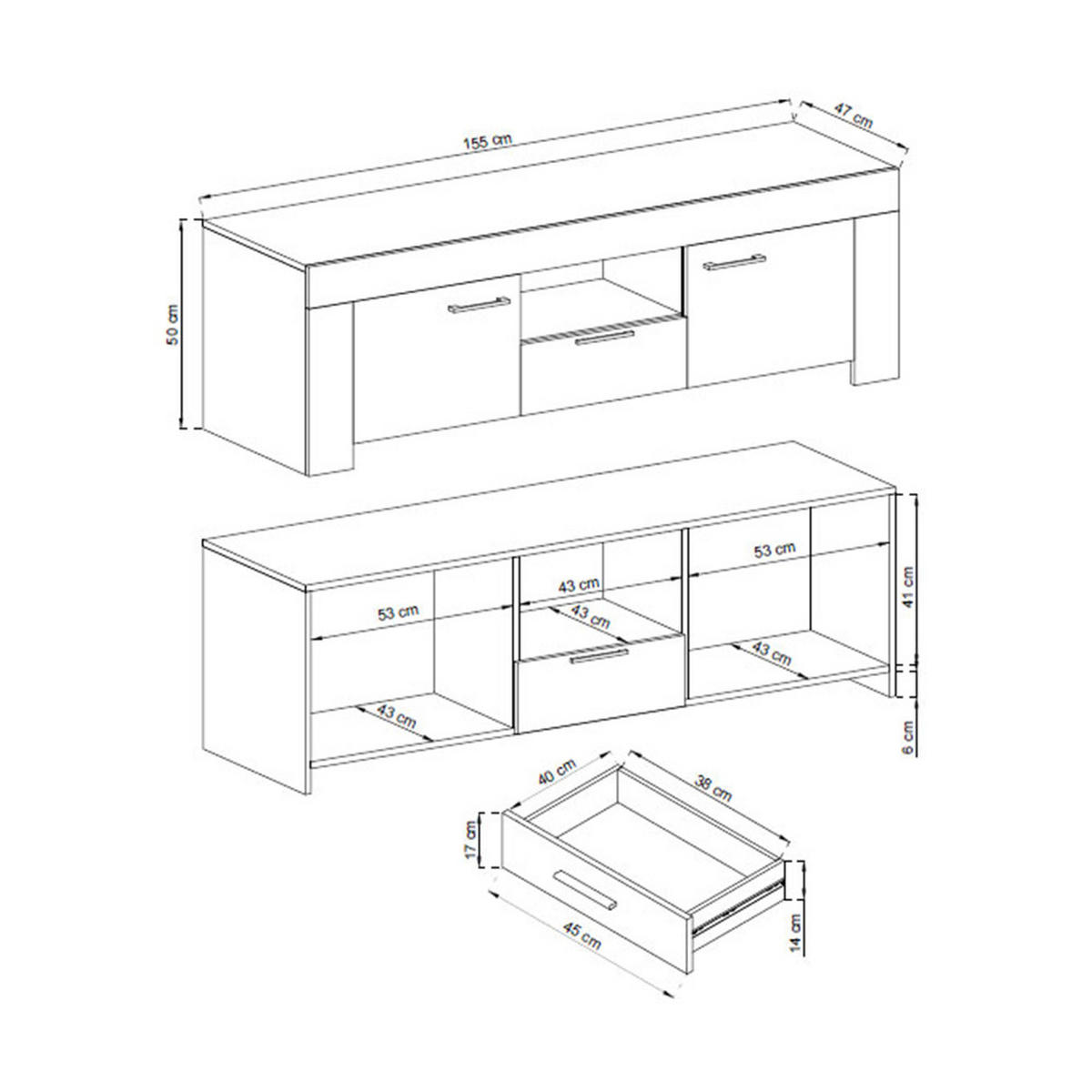 LOWBOARD Sky Eiche Riviera 155 / 47 / 50cm - Eichefarben/Alufarben, Holz/Holzwerkstoff (155/50/47cm) - Feldmann-Wohnen