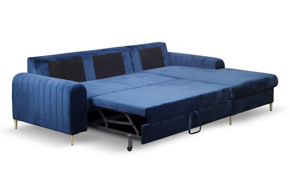 ECKSOFA VERONA R-S Blau Velours-Stoff mit Schlaffunktion - Blau, Holz (251/164cm) - MASSENO