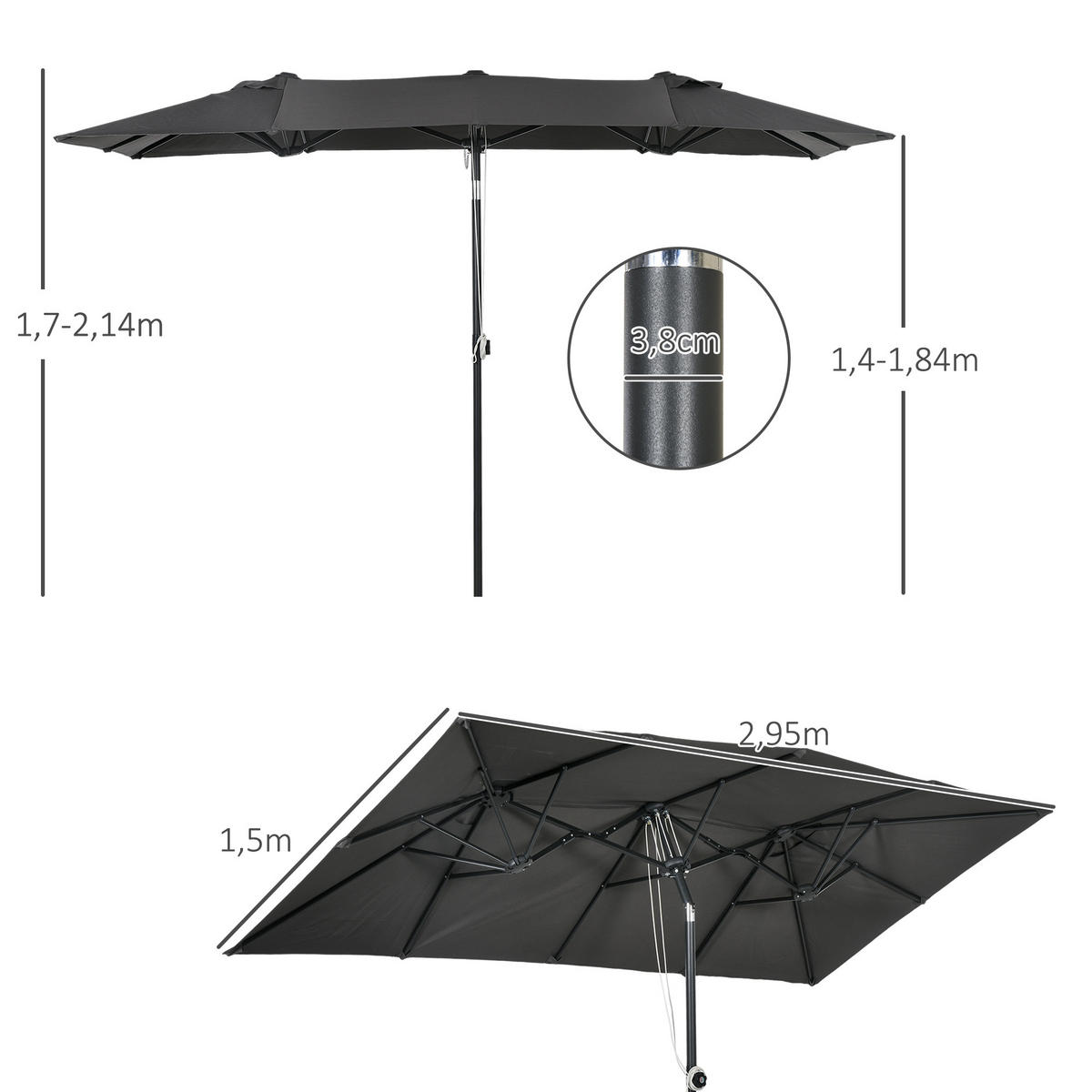 SONNENSCHIRM, Polyester, Metall, Grau - Grau, Metall (150/295cm) - Outsunny