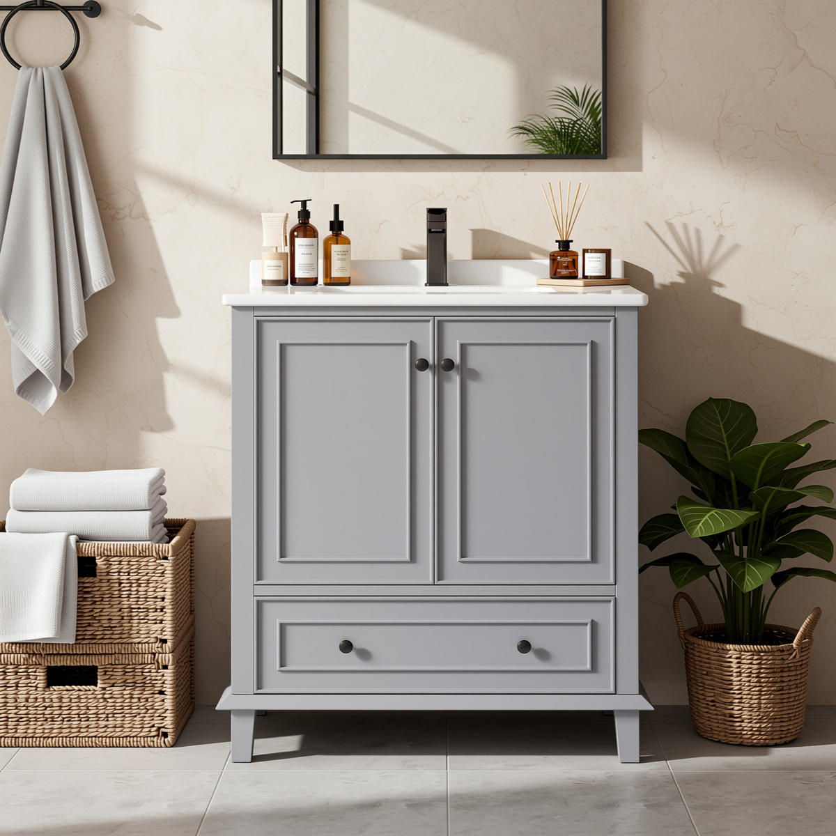 WASCHTISCHKOMBI Schwarz mit Doppelbecken & 2 Schubladen - Grau, Keramik/Holzwerkstoff (76/87/46cm) - Urban Meuble