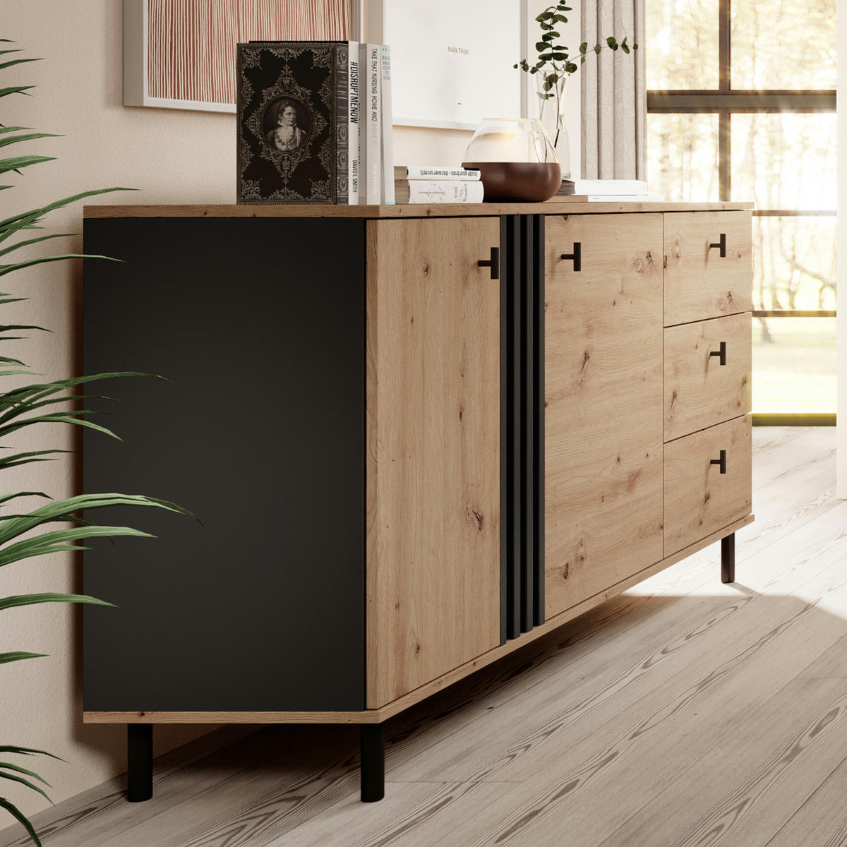 SIDEBOARD MANDAL KOM1 MDF-Leiste Eiche Eiche - Eichefarben/Braun, Glas/Holzwerkstoff (165/82/40cm) - Komodee
